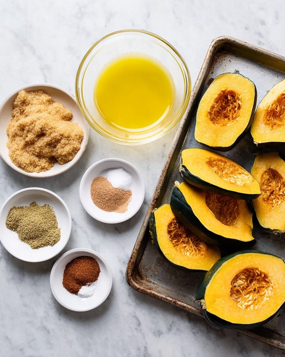 The image shows several ingredients arranged on a white marbled surface: on the right, a baking tray holds eight thick slices of acorn squash with dark green skin and soft orange flesh; in the center, a clear glass bowl contains melted butter with a smooth, shiny yellow surface; to the top left, a small white plate holds a crumbly pile of light brown sugar; below it, another small white plate has a mix of spices in three sections – reddish-brown, light greenish-brown, and white salt; the colors and textures contrast well with the clean white marbled background. photo taken with an iphone --ar 4:5 --v 7