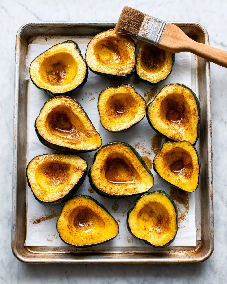 A metal baking tray lined with white parchment paper holds twelve halved acorn squashes, each with a deep hollow in the center. The squashes have a dark green outer skin and a warm golden-yellow inside, brushed with a shiny layer of oil mixed with brown spices spread evenly on their surfaces and inner hollows. A natural wooden brush with dark bristles rests in the top right corner of the tray, partly coated with the same oil and spices. The tray is set on a white marbled surface. photo taken with an iphone --ar 4:5 --v 7
