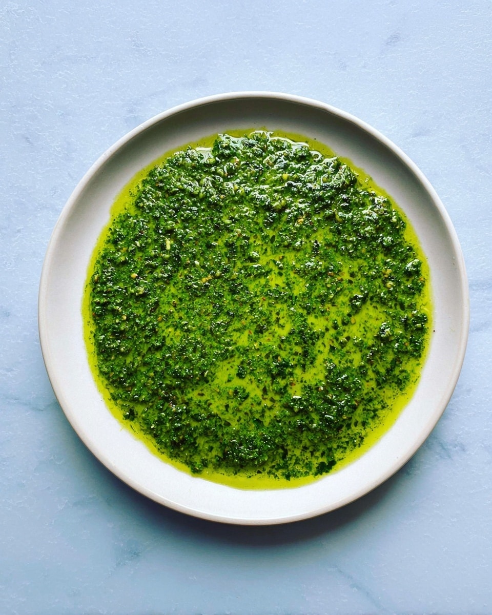 A top view of a white ceramic plate with a thin layer of bright green pesto sauce spread evenly across the surface, showing a slightly coarse, oily texture with small bits of herbs visible, all placed on a white marbled textured background photo taken with an iphone --ar 4:5 --v 7