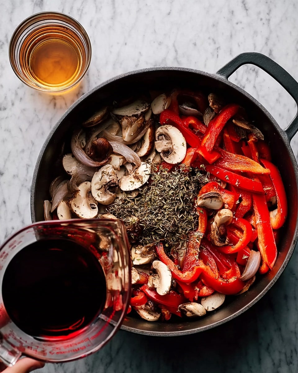 A black pot is filled with layers of sliced red bell peppers, halved brown mushrooms, and sliced shallots scattered evenly. In the center, there is a pile of mixed dried herbs. A woman's hand is pouring dark red liquid from a clear measuring cup into the pot. To the top left of the pot sits a clear glass of light brown liquid on a white marbled surface. The photo taken with an iphone --ar 4:5 --v 7