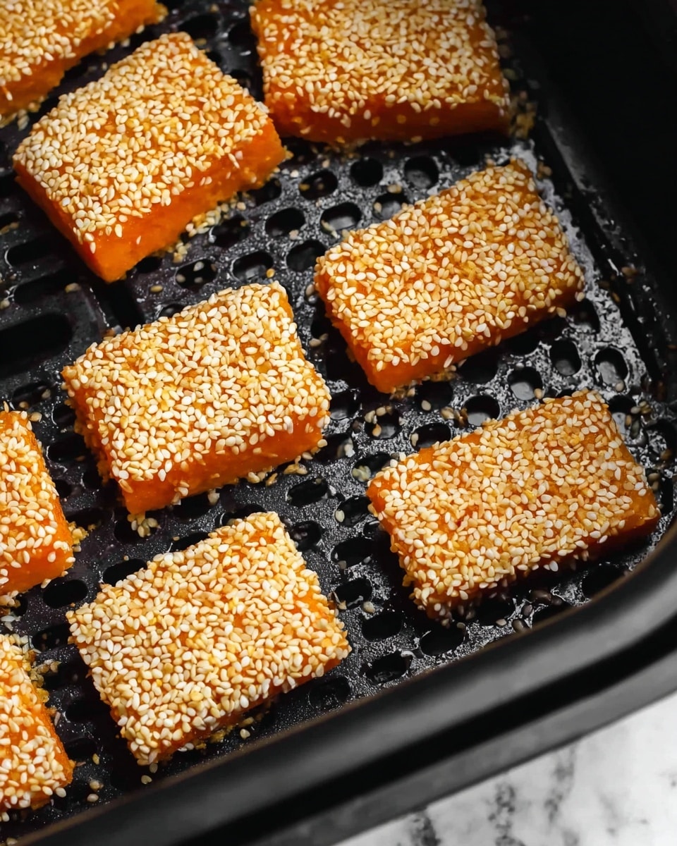 Several small rectangular pieces of orange food, each fully covered with a thick layer of off-white sesame seeds, are arranged inside a black air fryer basket with round holes. The bright orange layer underneath the sesame seeds looks smooth and firm, contrasting with the rough sesame seed texture. The pieces are spaced apart evenly, showing the shiny black tray surface between them. The image has a close-up view from the top, capturing the details of the seeds and the vibrant orange beneath them, set on a white marbled background. photo taken with an iphone --ar 4:5 --v 7