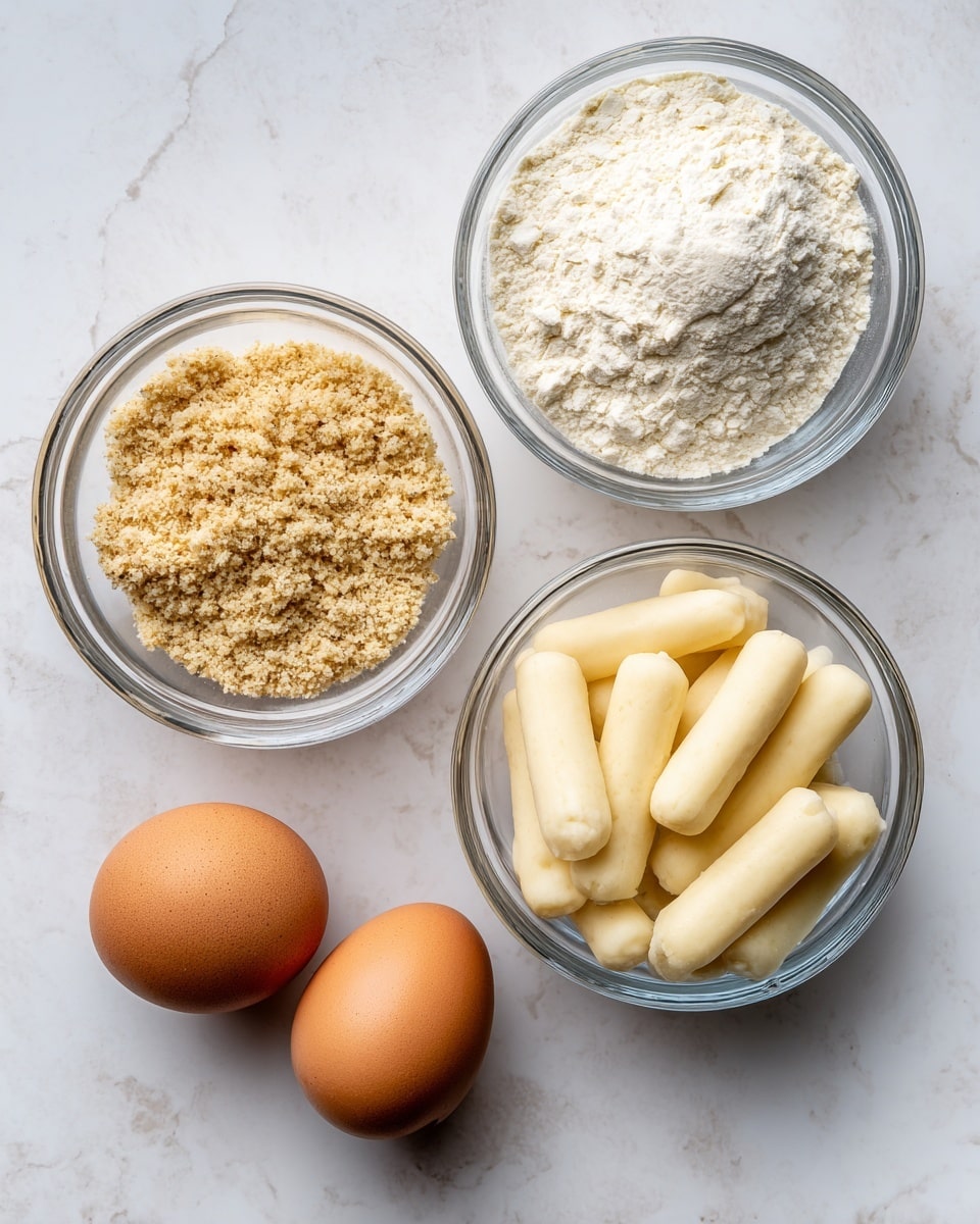 This image shows four clear glass bowls arranged on a white marbled surface. The top right bowl contains white flour with a cracked texture on top. The top left bowl holds light brown, crumbly breadcrumbs with small darker bits throughout. The bottom right bowl is filled with smooth, pale yellow mozzarella sticks, cut into short pieces with rounded ends. The bottom left bowl has two whole brown eggs with a smooth shell texture. Each bowl is labeled clearly with black text on white background: FLOUR, BREADCRUMBS, MOZZARELLA STICKS, and EGGS. photo taken with an iphone --ar 4:5 --v 7