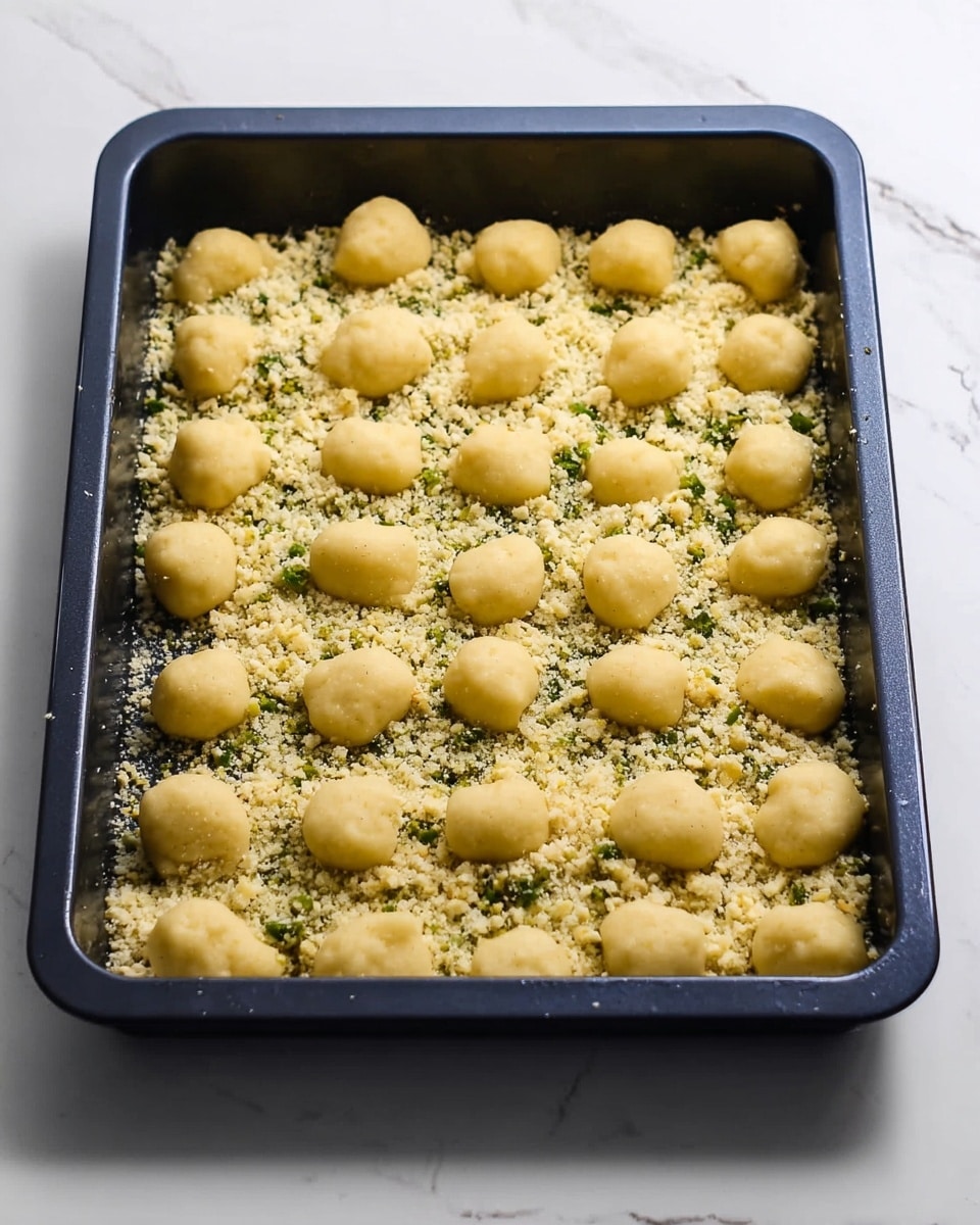 The image shows a dark baking tray filled with two layers. The bottom layer is made of a crumbly mixture with small green pieces, giving it a textured look. On top, there are several small, round, light yellow dough balls evenly spread across the tray. The setup sits on a white marbled surface. Photo taken with an iphone --ar 4:5 --v 7