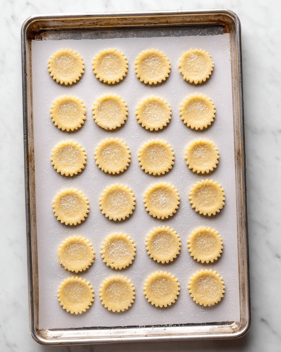 A metal baking tray lined with white parchment paper holds 25 small, round cookie dough pieces arranged in a 5 by 5 grid. Each dough piece is pale yellow with slightly rough edges marked by a scalloped cutter, topped with a sprinkling of fine white sugar crystals. The tray is placed on a white marbled surface, showing slight baking marks on its edges. photo taken with an iphone --ar 4:5 --v 7