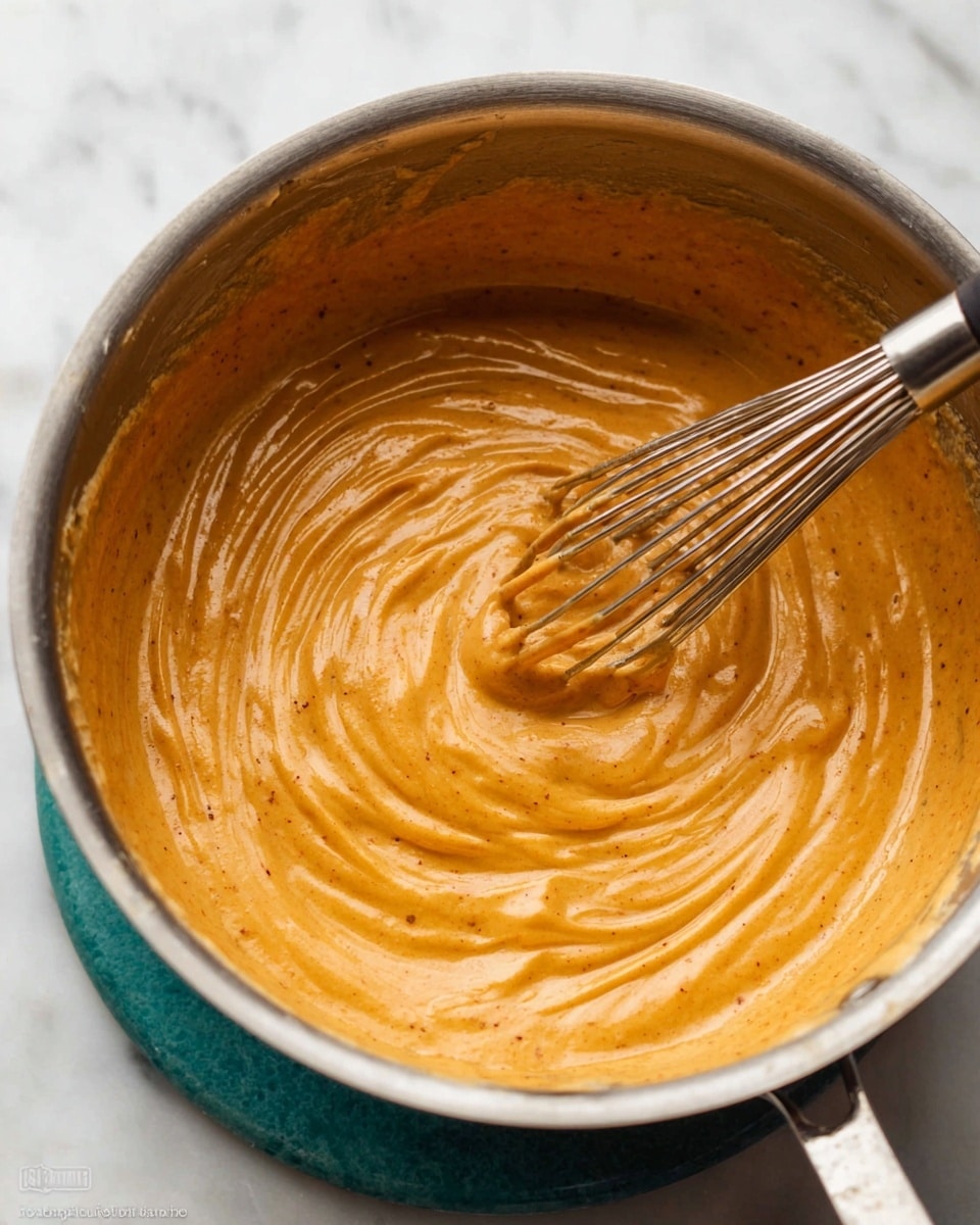 A close-up view of a smooth, creamy orange batter being mixed in a shiny metal pot by a metal whisk. The batter has a thick texture with slight ridges made by the whisk, showing gentle swirls and an even, rich orange color with small darker specks throughout. The pot is set on a teal trivet, and the background shows a subtle white marbled surface. photo taken with an iphone --ar 4:5 --v 7