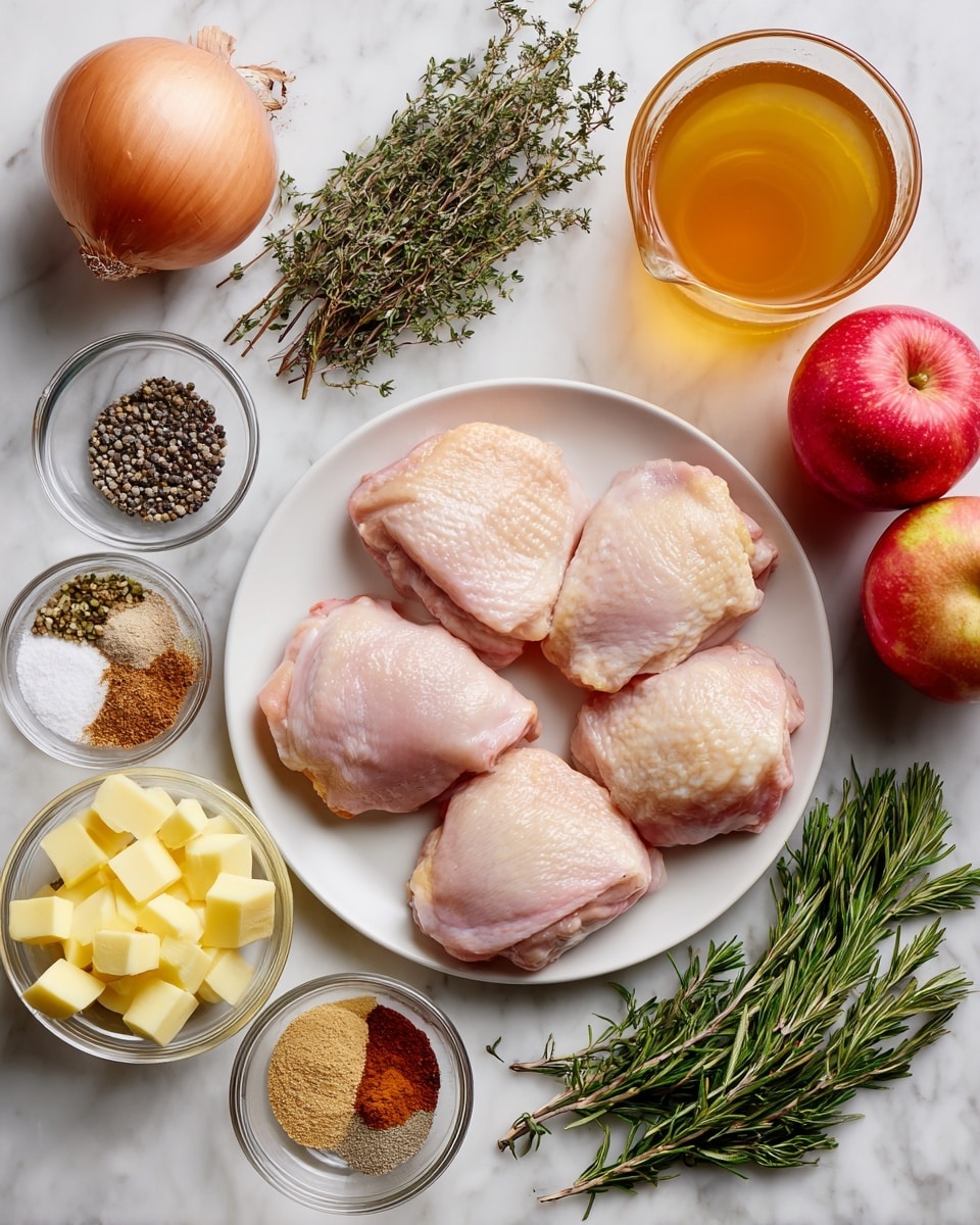 A white plate with several raw chicken thighs, pinkish and smooth, is placed in the center on a white marbled surface. To the top left, there is a whole shallot with a light brown skin. Next to it, a small metal bowl holds salt and pepper, showing black and white grains. Below that, a small glass bowl contains dried thyme, which looks like greenish-brown small leaves. Another small glass bowl holds coriander seeds, light brown in color. Cinnamon and nutmeg spices, showing reddish-brown and light brown powder, are in the next small glass bowl. A clear small glass bowl with yellow butter cubes is near the bottom left. A small glass bowl with brown sugar, light brown and grainy, is near the bottom center. To the right, a glass measuring cup is filled with amber apple cider. Near the top right, two whole apples—a red one with yellow hints and a green one—sit side by side. Fresh sprigs of rosemary and thyme with green needle-like leaves lay next to the plate on the right side. Photo taken with an iphone --ar 4:5 --v 7