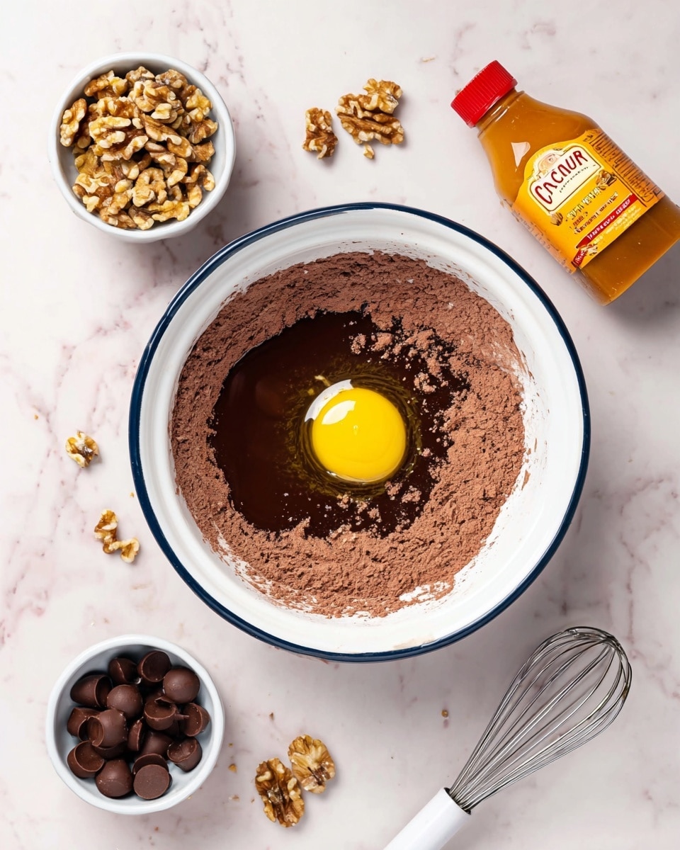 A white bowl with a dark blue rim holds a mix of chocolate powder forming a thick outer layer, a shiny dark brown liquid layer inside that, and a bright yellow egg yolk in the center. Around the bowl on a white marbled surface, there is a white whisk with a silver handle part, a small white bowl filled with chopped walnuts, a small white bowl filled with round chocolate pieces, some loose walnuts, and chocolate pieces scattered nearby. There is also an orange bottle of caramel-flavored sauce with a red label near the top right side. photo taken with an iphone --ar 4:5 --v 7