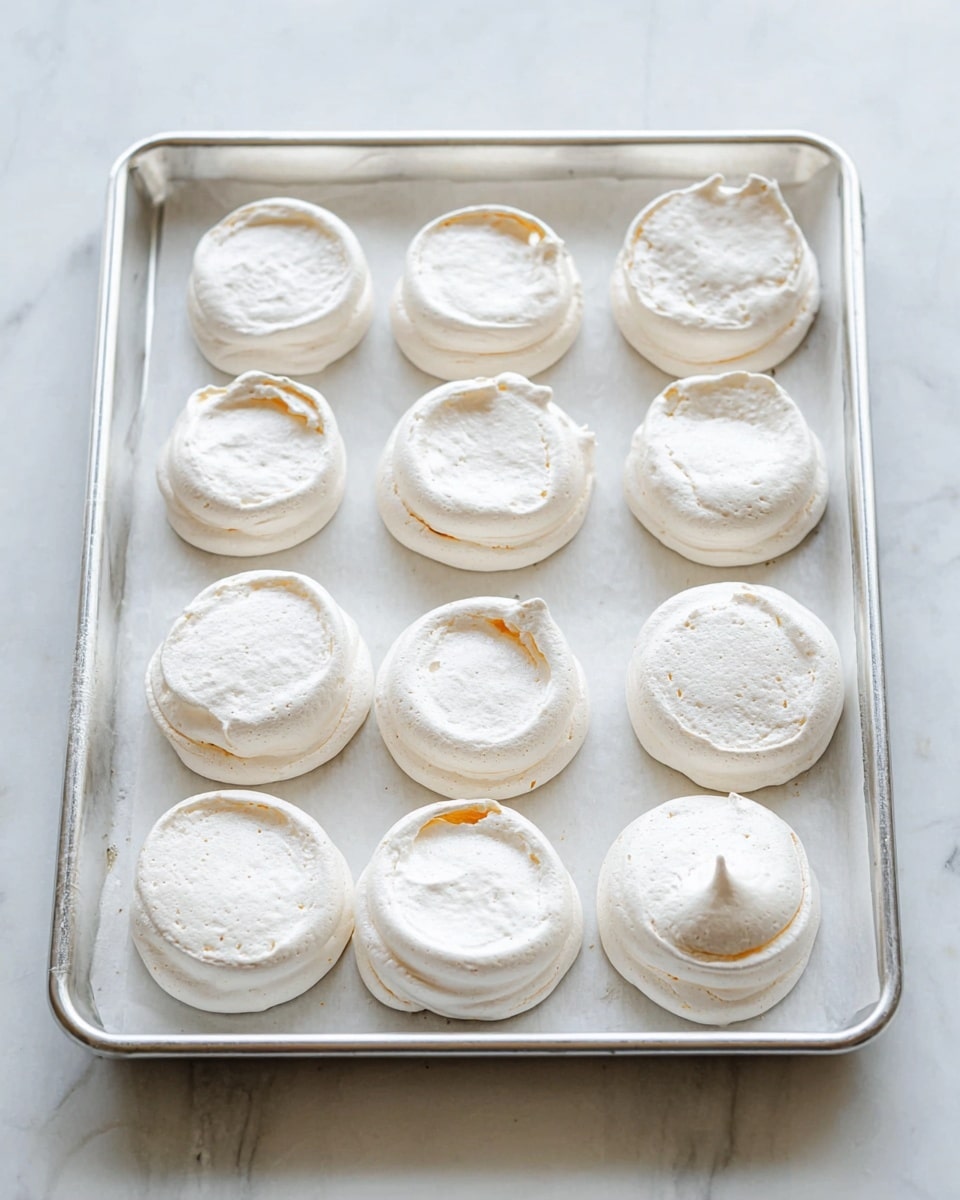 The image shows a silver baking tray with twelve round, white meringue nests arranged in a grid of three rows and four columns. Each meringue has a smooth, slightly cracked texture with a hollow center and light golden hints inside the edges. The tray is lined with white baking paper, and the whole setup is placed on a surface with a white marbled texture. The lighting is bright and natural, highlighting the airy and crisp texture of the meringues. photo taken with an iphone --ar 4:5 --v 7