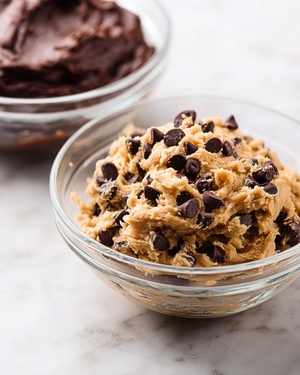 A clear glass bowl filled with light brown cookie dough scattered with many dark brown chocolate chips. The dough looks soft and thick, with small peaks and valleys showing texture. Behind it, slightly blurred, is another clear glass bowl containing thick dark brown chocolate batter. Both bowls rest on a white marbled surface with soft natural light. photo taken with an iphone --ar 4:5 --v 7