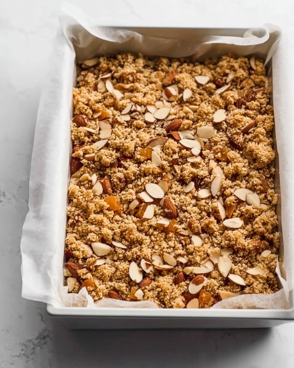 The image shows a close-up of a white rectangular baking tray lined with parchment paper, filled with a crumble topping that includes clusters of golden crumbly pieces mixed with sliced almonds and chopped nuts, scattered over small chunks of orange fruit visible underneath. The texture on top is uneven and textured with various sized crumbs and nut slices, resting on a white marbled surface. photo taken with an iphone --ar 4:5 --v 7