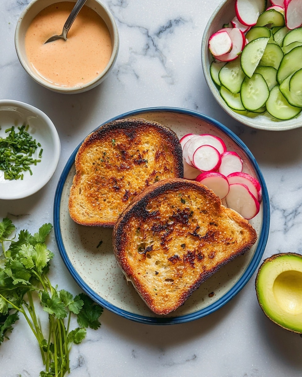 Two slices of toasted bread with a golden brown crispy texture and some darker charred spots rest slightly overlapping in the center of a white plate with blue interior. Around the plate, sliced cucumbers and thinly sliced radishes fill separate small white bowls, their green and pink colors bright and fresh. Half an avocado with the pit exposed and a few sprigs of cilantro lie nearby next to a small white dish with chopped green herbs, all placed on a white marbled surface. A bowl with pale orange sauce and a silver spoon sits at the top left corner. photo taken with an iphone --ar 4:5 --v 7