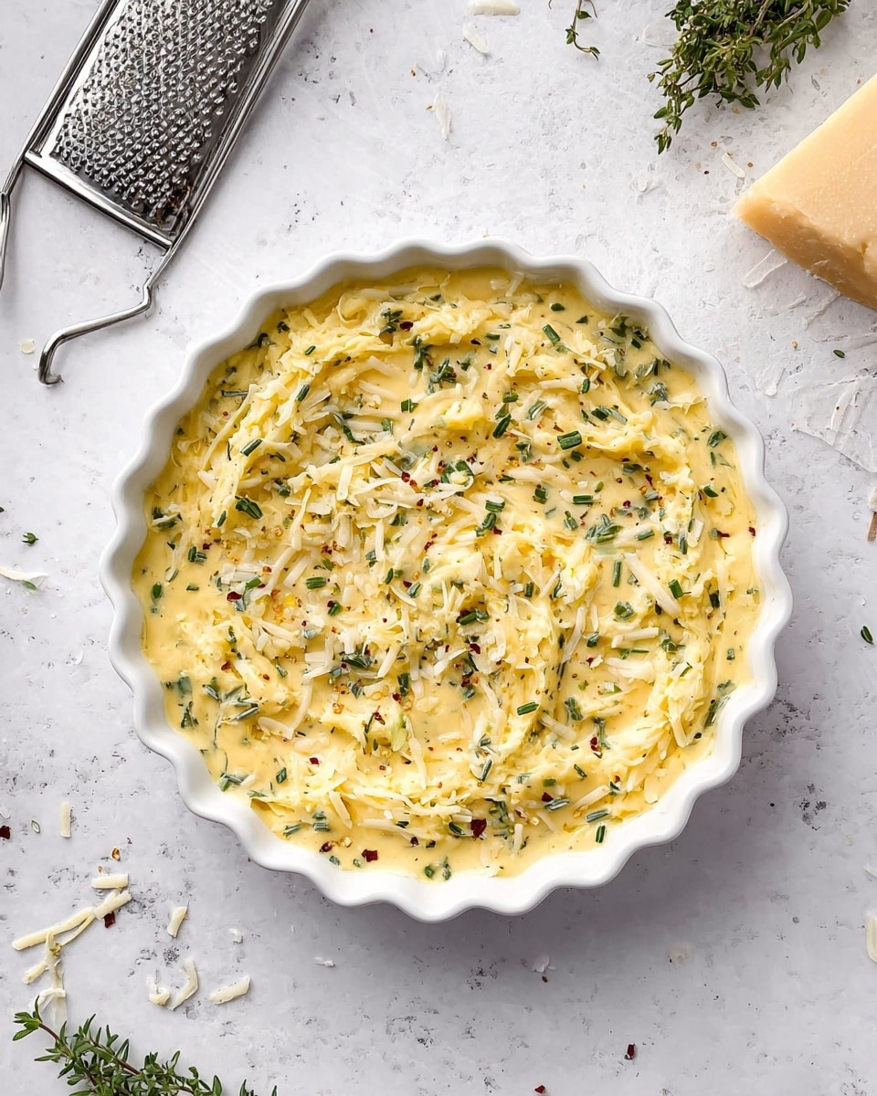 A white scalloped round dish filled with a creamy yellow mixture that contains shredded white cheese, small bits of green herbs, and visible specks of spices, creating a textured surface with soft folds and curls. The dish is placed on a white marbled surface with some scattered herbs and a metal grater with a piece of cheese on the top left side. Photo taken with an iphone --ar 4:5 --v 7