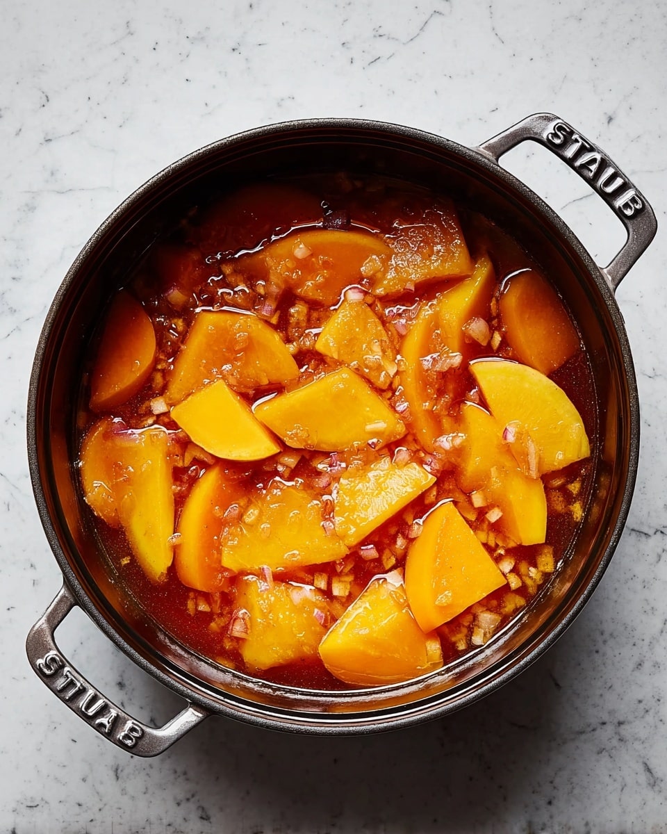 A black pot filled with thick orange-yellow slices of cooked squash floating in a reddish broth with small diced onions spread evenly throughout. The squash pieces vary in size and shape, some curved and some flat, and they rest slightly submerged in the shiny, oily liquid that reflects light. The pot has two handles with the word