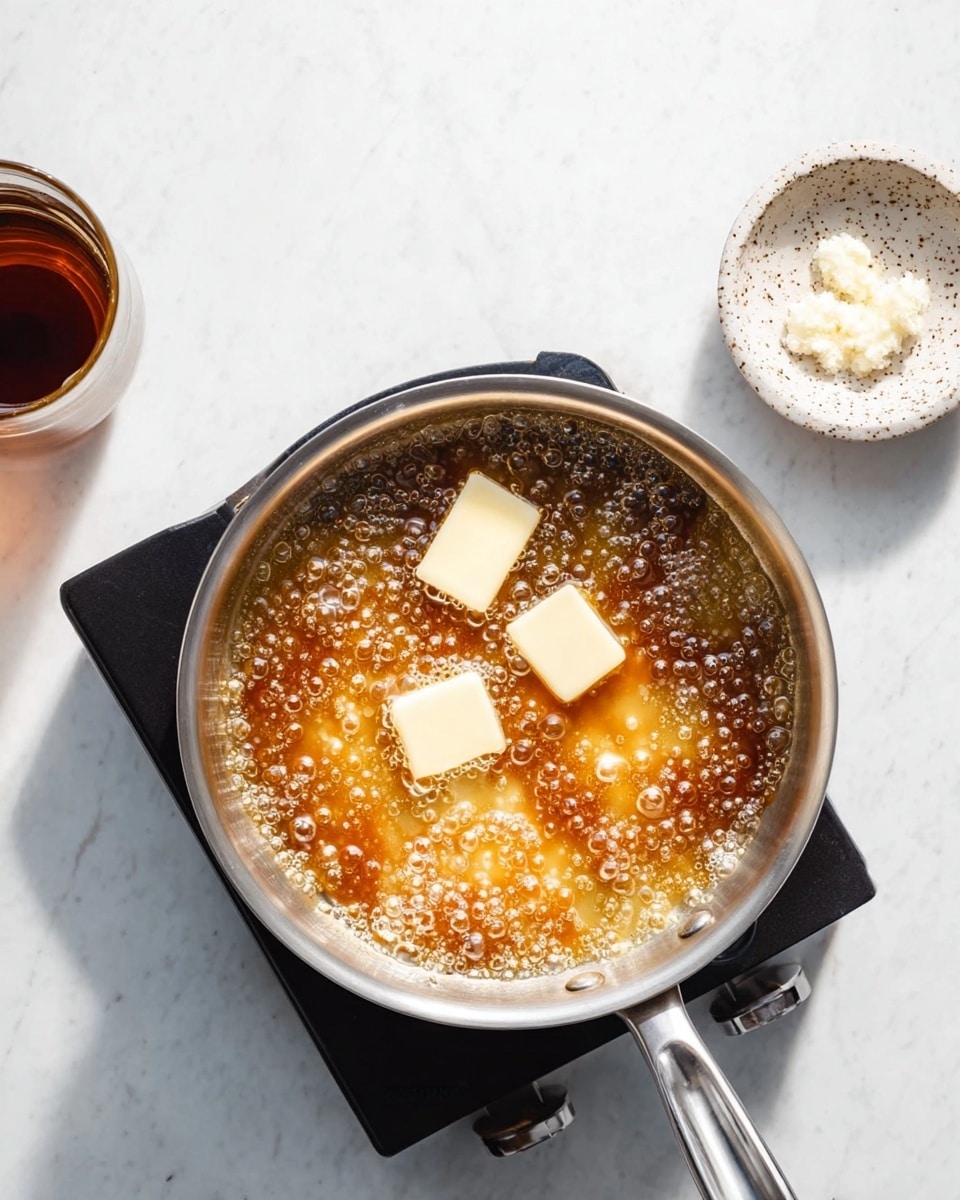 A shiny silver pan sits on a black hot plate over a white marbled surface. Inside the pan, there is bubbling amber caramel with three pale yellow squares of melting butter on top. To the top left, a small glass holds dark brown coffee with a thin light foam layer. On the right side, there is a small round white speckled dish. The whole scene is bright and clear, with soft shadows. Photo taken with an iphone --ar 4:5 --v 7