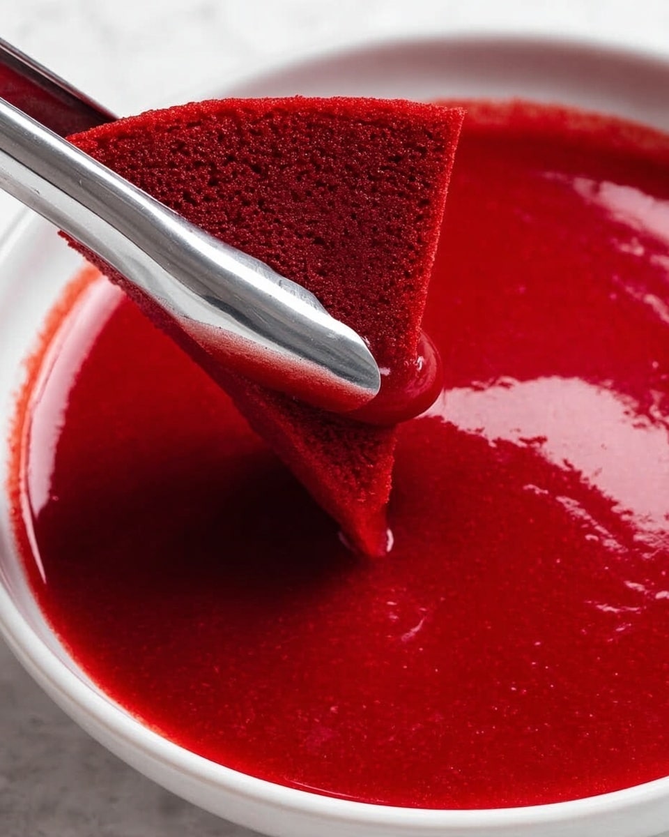 A close-up view of a single triangular deep red cake piece with a soft, moist texture being held by silver tongs, partially dipped into a smooth, thick red sauce that fills a white bowl. The sauce has a shiny surface that reflects light, and the bowl sits on a white marbled background. Photo taken with an iphone --ar 4:5 --v 7