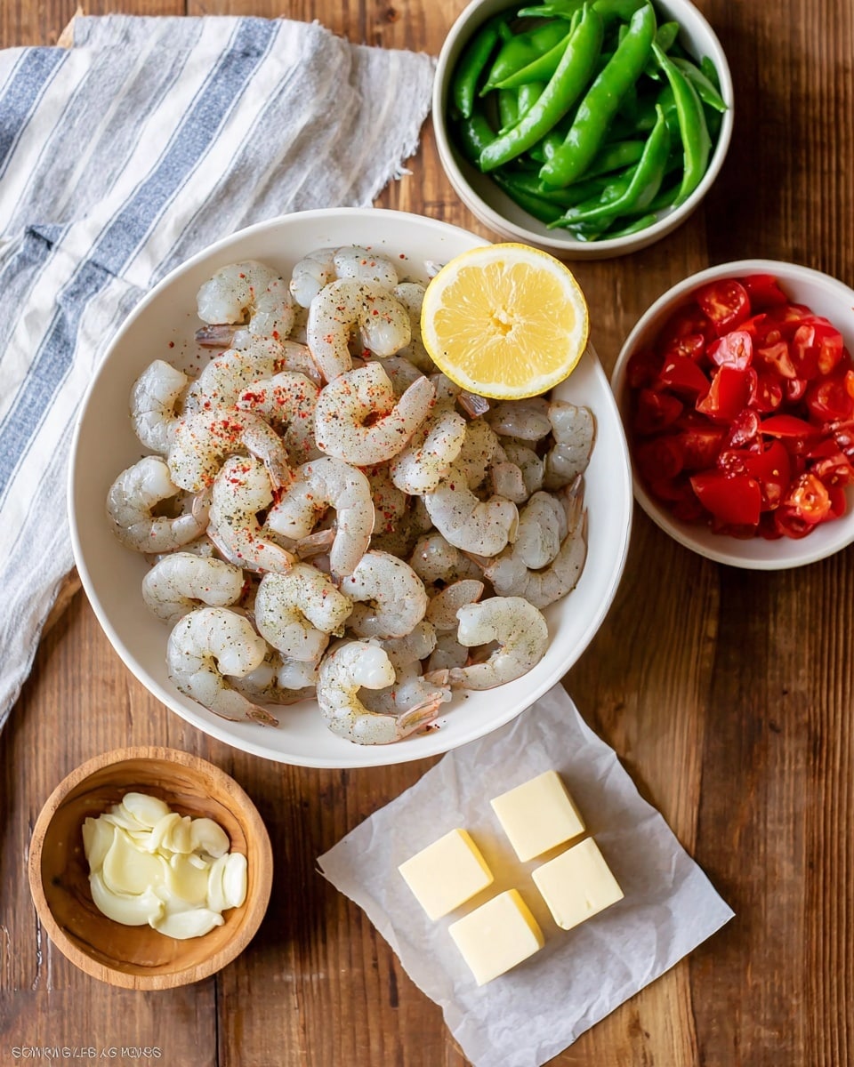 A white bowl filled with raw shrimp seasoned with black pepper and red pepper flakes sits on a wooden table, topped with a half lemon placed on the edge. To the upper right, a small white bowl holds chopped bright red tomatoes, while to the upper left, another white bowl contains fresh, green snap peas. Below to the left, a small wooden bowl is filled with minced garlic, and at the bottom center, four cubes of pale yellow butter rest on white parchment paper. A white cloth with blue stripes is partly visible on the top left corner. photo taken with an iphone --ar 4:5 --v 7