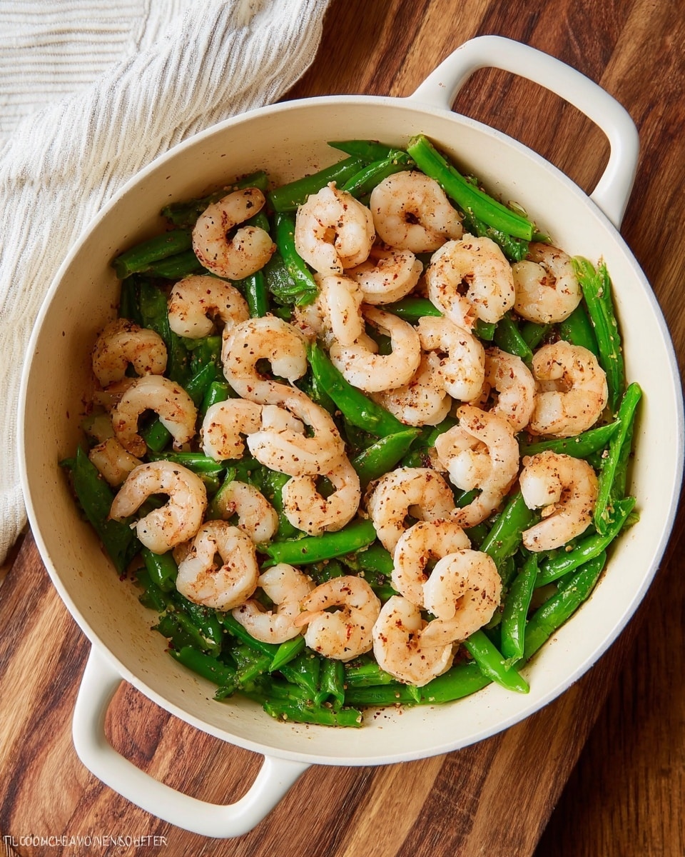 A white round pan with two side handles holds a dish made of two layers: the bottom layer is a mix of chopped, bright green snap peas with a shiny texture, while the top layer consists of medium-sized, cooked shrimp that are light pink with some seasoning visible. The pan sits on a wooden surface, and a soft striped white cloth is partially visible in the top left corner. photo taken with an iphone --ar 4:5 --v 7