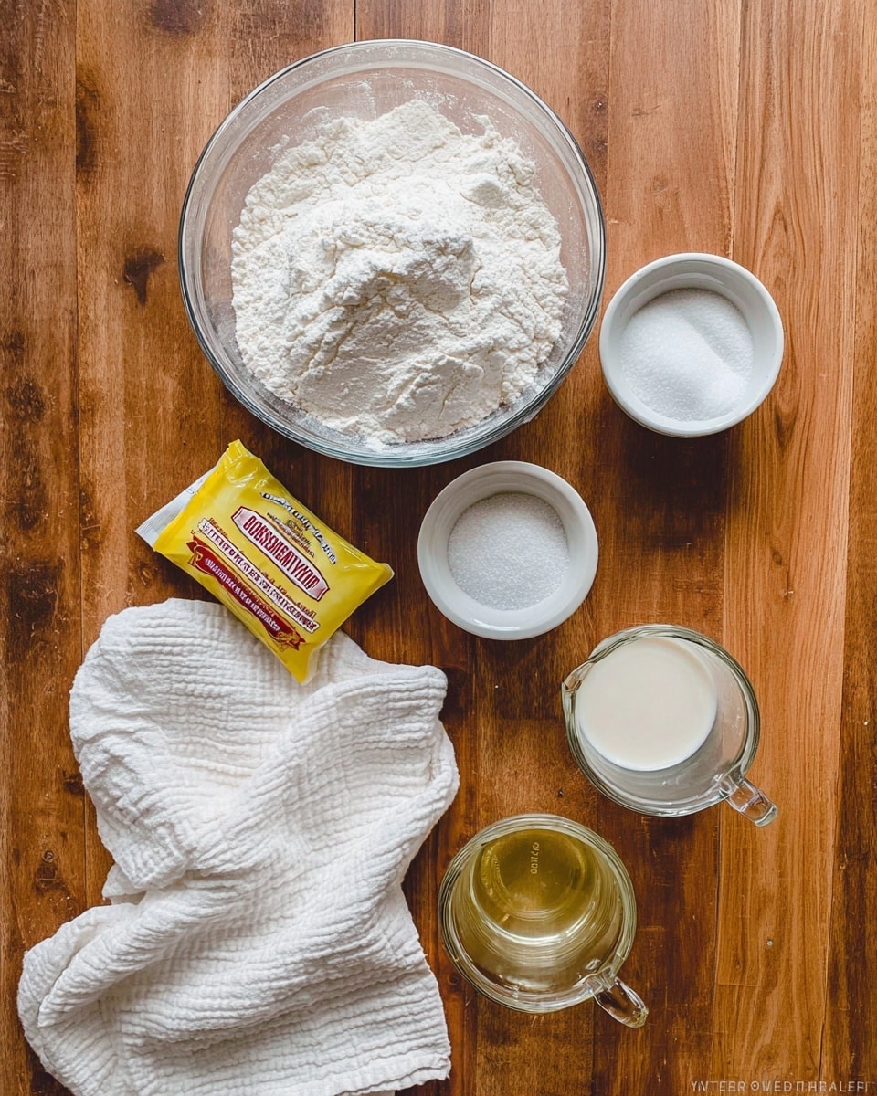 The image shows six clear containers and a white cloth arranged on a wooden table. At the top center, there is a large clear glass bowl filled with white flour. To the right of the flour bowl is a small white bowl holding white salt and another white powder, positioned near the top right corner. Beneath the flour bowl lies a yellow and red packet of active dry yeast. Below the yeast packet is a small clear bowl filled with white granulated sugar. On the bottom right side, two clear measuring cups are placed, one filled with a creamy white liquid and the other with a golden-yellow liquid. A white textured cloth is folded and placed on the bottom left side. The whole arrangement sits on a warm, wood-grain surface. Photo taken with an iphone --ar 4:5 --v 7
