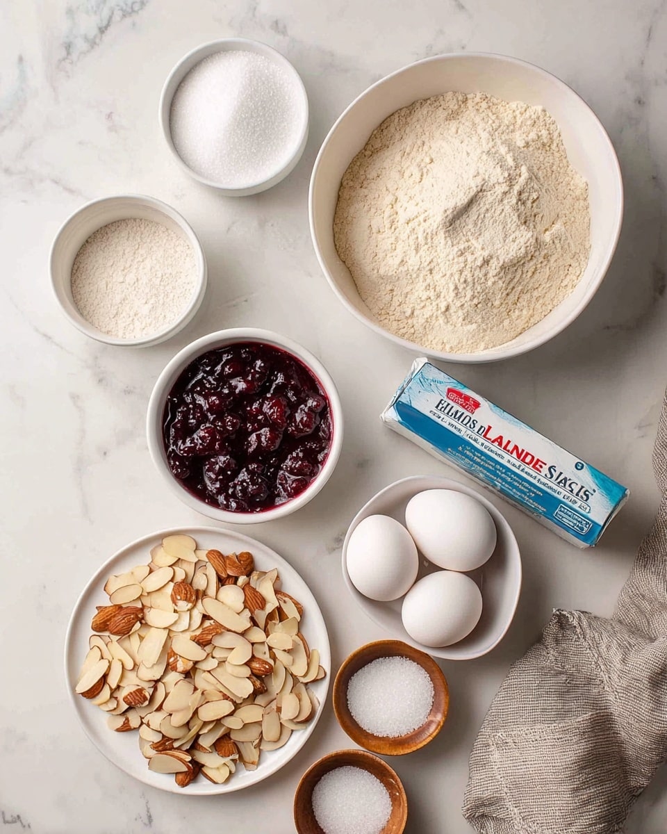 The image shows seven white bowls and a pack of unsalted butter arranged on a white marbled surface. One large bowl is filled with light beige flour with a small dip in the center. Next to it, a smaller bowl holds white granulated sugar with a smooth top. A white bowl beneath the sugar contains a deep purple jam with visible fruit pieces and seeds, giving it a textured look. Below the jam, a white plate is piled with sliced almonds, showing a mix of light cream and brown colors. In the bottom right, a white bowl holds two white eggs resting beside a stick of butter with blue and red packaging. Two small wooden bowls contain white salt and a white powdery substance, each with smooth top surfaces. A beige and gray cloth is partially visible on the right. Photo taken with an iphone --ar 4:5 --v 7
