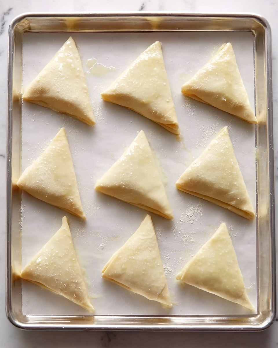 A metal baking sheet is set on a white marbled surface, holding ten evenly spaced triangular dough pieces. Each piece is folded into a small triangle shape with smooth, pale, unbaked dough that has a soft texture and slightly shiny surface. The dough triangles are arranged in two rows, five in the top row and five in the bottom row, with some brushed with butter or egg wash giving a slight gloss. The corners of each triangle are sharp and crisp, showing careful folding. Photo taken with an iphone --ar 4:5 --v 7
