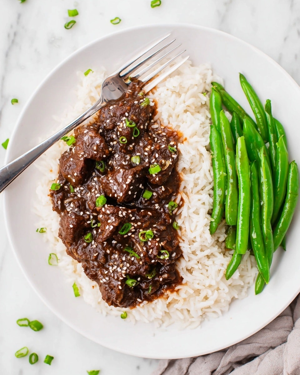 Inside a dark crockpot, there is a rich brown stew made of chunky pieces of meat covered in thick sauce. The surface of the stew is sprinkled with small white sesame seeds and bright green chopped onions scattered evenly. The crockpot sits on a white marbled surface with a round wooden board with sliced green onions to the top left and a small white bowl with sesame seeds to the bottom right, both partially visible. A striped cloth lies under the crockpot on the left side. photo taken with an iphone --ar 4:5 --v 7