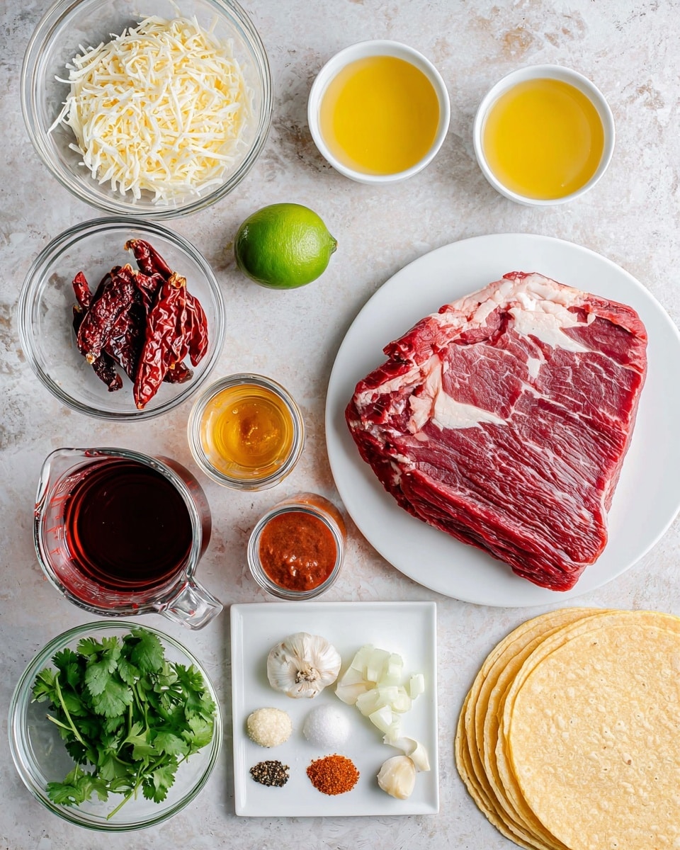 The image shows a raw piece of red beef with some white fat placed on a white plate at the top right. Above the plate are three small white bowls filled with yellow oil, salt and pepper mixture, and a green lime. To the left are two glass bowls holding shredded white cheese and sun-dried tomatoes in oil. Below these are two whole dried red chili peppers and an opened can with red sauce and peppers. Towards the bottom center is a clear measuring cup filled with dark reddish-brown liquid. Next to it are fresh green cilantro leaves and a white square plate with various spices and garlic cloves arranged in layers. Above the spices is a small glass bowl with light golden liquid, and a glass bowl with chopped white onions is seen to the right. Near the bottom left, there are stacked yellowish corn tortillas. The background is a white marbled texture. Photo taken with an iphone --ar 4:5 --v 7
