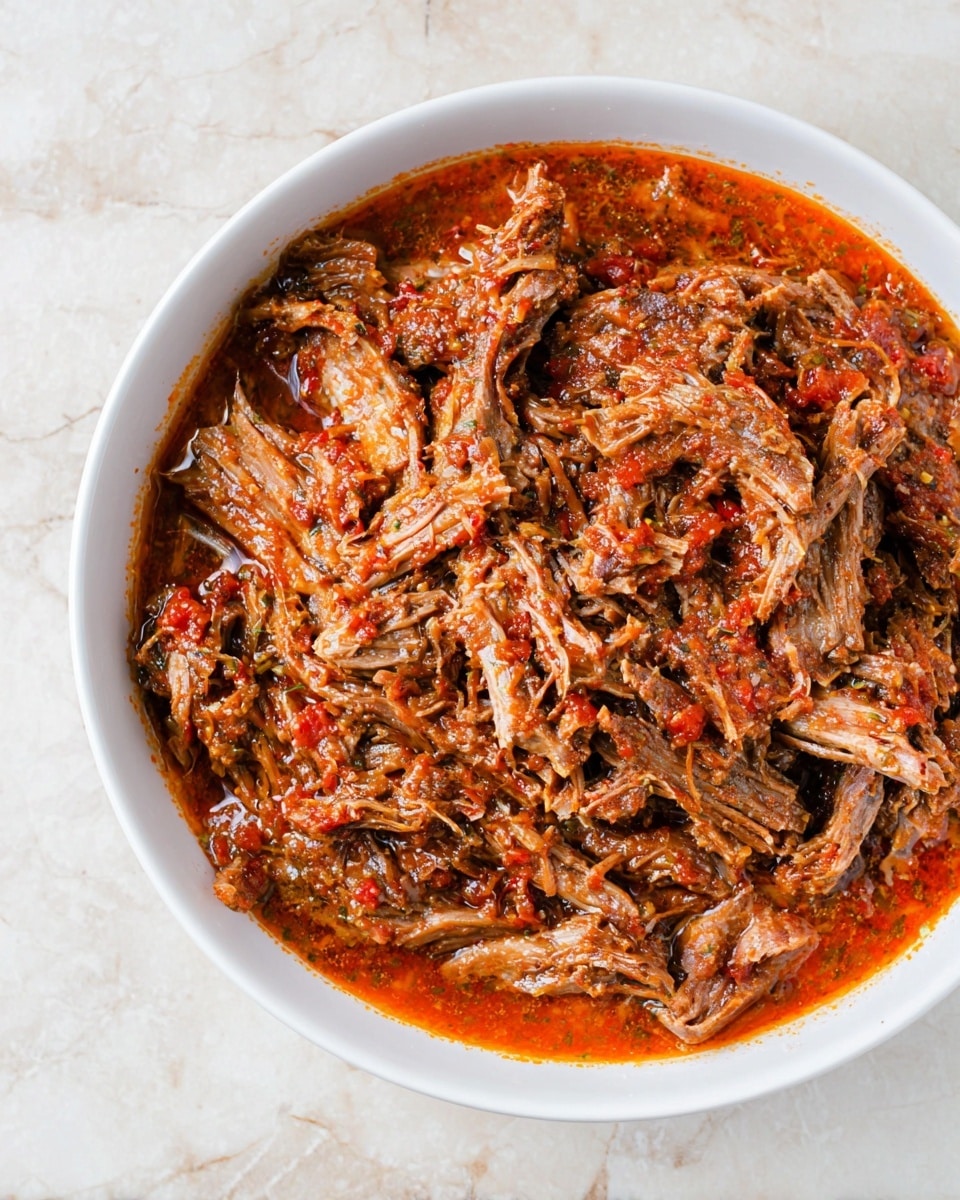 A white bowl filled with shredded meat soaked in a reddish-brown sauce. The meat is fibrous and layered, covered with thick patches of sauce that has visible small pieces of red ingredients, making the surface look textured and richly colored. The bowl is set on a white marbled surface, showing the colors and textures of the meat and sauce clearly. Photo taken with an iphone --ar 4:5 --v 7