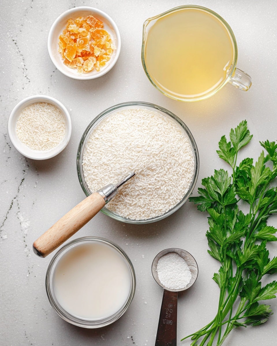 The image displays six layers of ingredients arranged on a white marbled surface. At the center is a clear glass bowl filled with white rice, with a metal scoop that has a light wooden handle partly resting inside the bowl. Above it and slightly to the right is a glass measuring cup filled with light yellow liquid. To the top left is a small white bowl with chopped orange and light brown pieces. Below it is a smaller white bowl filled with white granules. Near the bottom left is a round clear glass bowl with a smooth off-white liquid. To the right of the glass bowl is a metal measuring spoon with a light wooden handle holding white granules. At the bottom right corner, fresh green parsley leaves are placed on the surface. Photo taken with an iphone --ar 4:5 --v 7