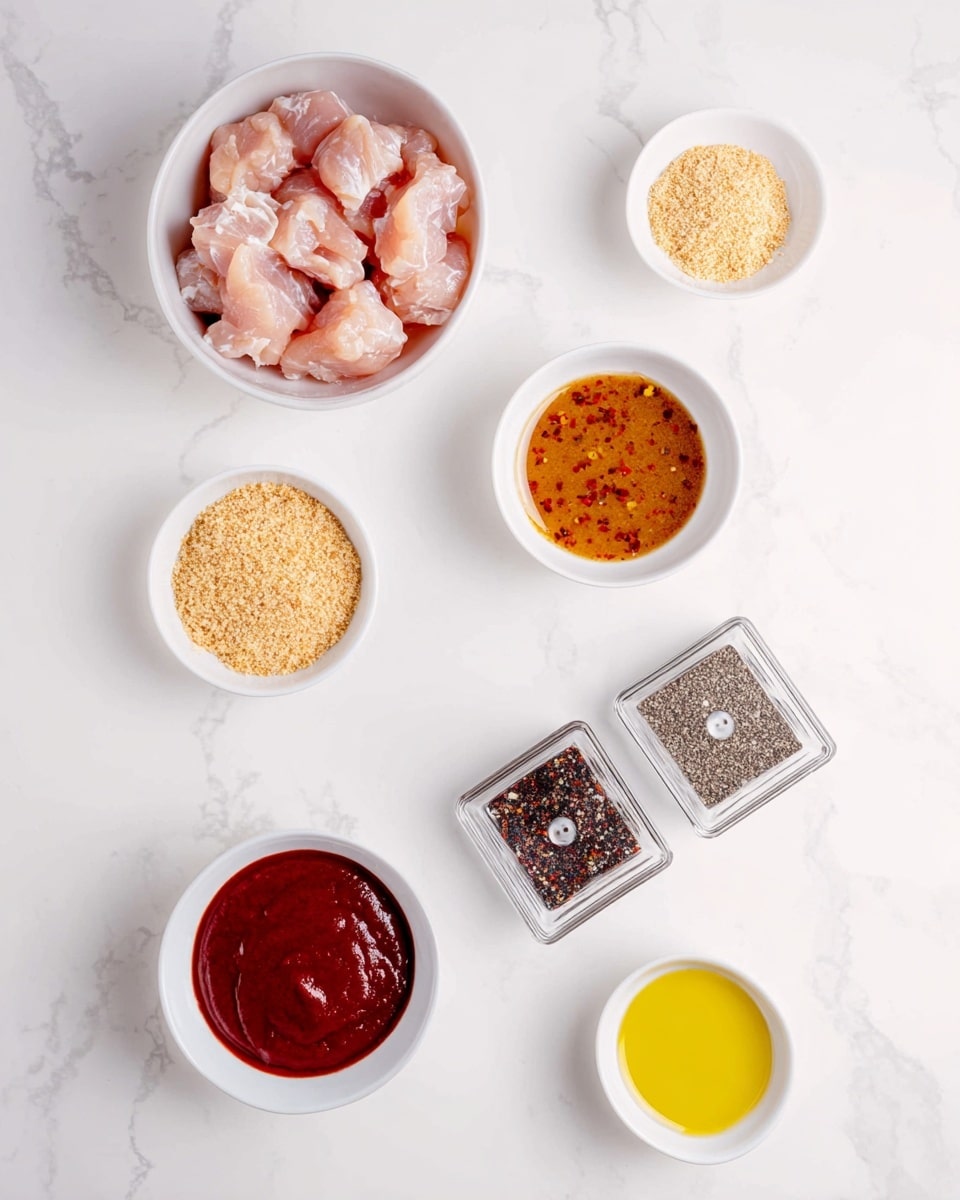 The image shows six bowls and two transparent square containers with spices arranged on a white marbled surface. At the top left, there is a white bowl filled with raw, pale pink meat pieces. To the right of it, a white bowl holds a light brown sauce with visible black and red specs. Below and to the right, a small white bowl contains light brown breadcrumbs. At the bottom left, a white bowl holds a deep red sauce with a smooth texture. To the right, near the bottom edge, a small white bowl contains a yellow liquid, likely oil. In the middle left, two transparent square spice containers sit side by side, one with holes on the lid for shaking out spices and the other with a similar design, both filled with dark-colored spices. The clean, bright presentation emphasizes the color contrast and texture of each ingredient. photo taken with an iphone --ar 4:5 --v 7