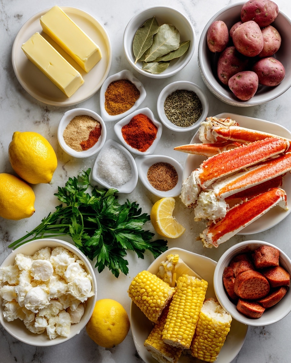 The image shows a variety of raw ingredients arranged neatly on a white marbled surface. There are two sticks of butter placed on a small white dish in the upper left corner. Nearby, a small white bowl holds minced garlic, beside it another white bowl contains garlic cloves and bay leaves. A white bowl in the upper right corner is filled with small red potatoes, while a different white bowl contains chopped onions. Small portions of spices like smoked paprika, onion powder, lemon pepper, old bay seasoning, cayenne pepper, garlic powder, brown sugar, and salt are all placed in small white containers spread out across the scene. Two whole lemons and some lemon slices sit near the corn, which is cut into smaller pieces and also placed in a white bowl. A white dish in the center holds snow crab legs with a creamy texture on one side, and next to it is a white bowl filled with peeled raw shrimp. Sliced spicy sausage is in a white bowl near the crab and shrimp. Fresh parsley and lemons add a touch of green and bright yellow to the spread. photo taken with an iphone --ar 4:5 --v 7