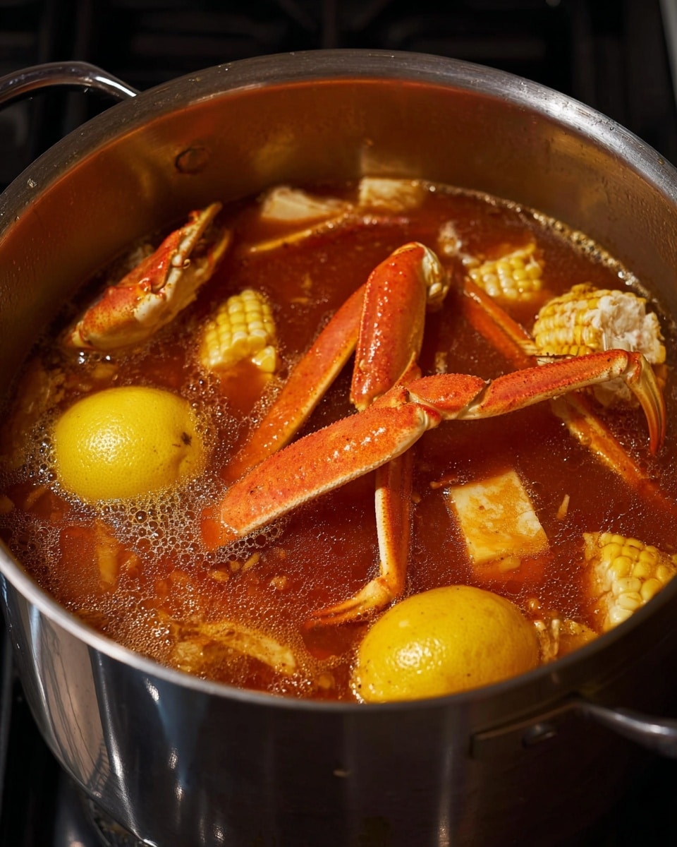 A tall stainless steel pot on a stove holds a rich seafood stew with layers visible through the bubbling reddish broth. Inside, bright orange crab legs with rough texture lay on top, partially submerged. Whole yellow lemons float near the surface with a slightly shiny, smooth skin. Pieces of pale yellow corn on the cob with clearly visible kernels are also mixed in the broth, peeking out from the depths. The liquid has a slightly oily surface with bubbles forming, showing it is hot and cooking. Photo taken with an iphone --ar 4:5 --v 7