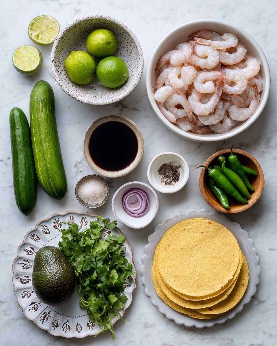 The image shows various fresh ingredients arranged neatly on a white marbled surface. At the top right, a white bowl holds a pile of raw shrimp, light pink and slightly translucent. To the left, a speckled white bowl is filled with several bright green limes. Below the shrimp are two long green cucumbers, glossy and smooth, placed side by side. Next to them on the right is a small wooden bowl with thinly sliced red onions, showing white and purple rings. To the right of the limes is a silver small dish holding salt and black pepper. Below that, a small white dish has a single garlic clove. Nearby is a small white cup filled with dark Worcestershire sauce, alongside a small white container with dark Jugo Maggi sauce. A full, dark green avocado sits in the middle. A bunch of fresh green cilantro with stems is placed below the garlic. Below the cilantro, three round yellow tostadas are stacked on a white plate with a decorative border. To the left, two green jalapeño peppers lie on a white scalloped dish, and above them is a small wooden bowl holding several green serrano peppers. The photo taken with an iphone --ar 4:5 --v 7