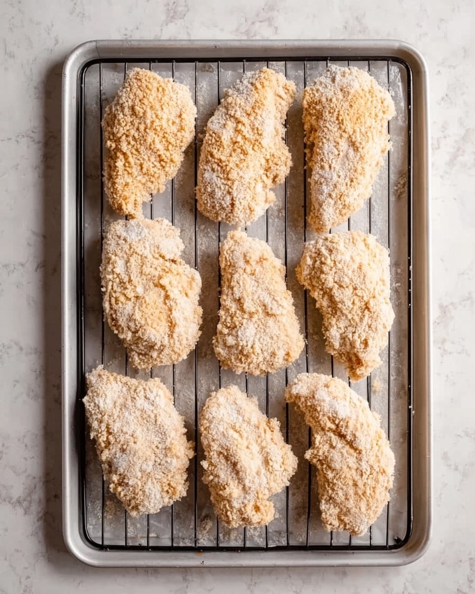 A white baking tray with a black wire rack holds eight raw breaded chicken pieces arranged in two rows, four pieces on the top row and four pieces on the bottom row. Each piece is covered in pale beige and light brown crumb coating, giving the pieces a rough and uneven texture. The background is a white marbled surface that adds a soft contrast to the tray and chicken pieces. photo taken with an iphone --ar 4:5 --v 7