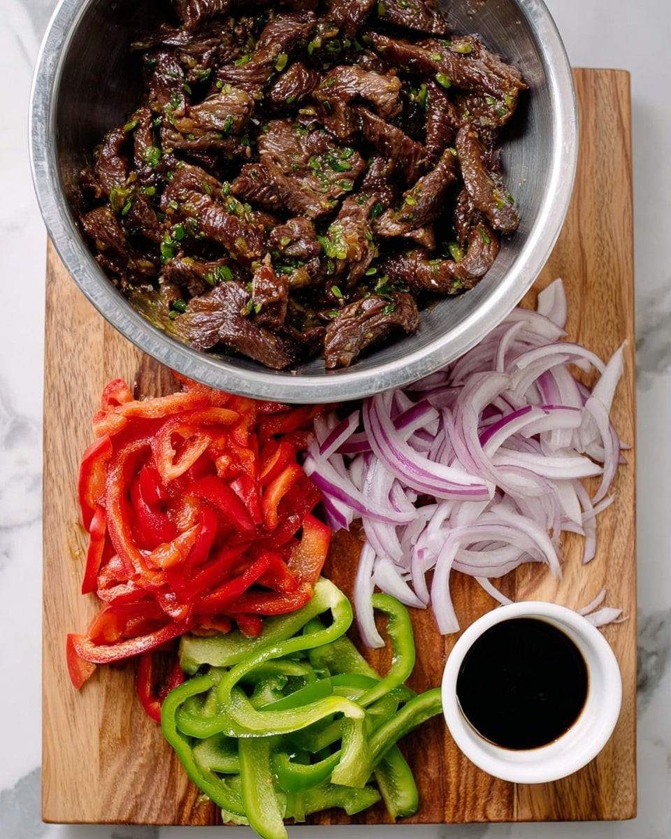 A large silver bowl in the top left corner holds thin, dark brown marinated meat strips with a shiny texture and green herb bits mixed in. Below the bowl, on a wooden cutting board, there are three piles of sliced vegetables: light purple and white onion rings on the right, bright red bell pepper strips in the middle, and green bell pepper strips on the left. In the bottom right corner of the cutting board, there is a small white bowl filled with dark soy sauce. The cutting board rests on a white marbled surface. Photo taken with an iphone --ar 4:5 --v 7