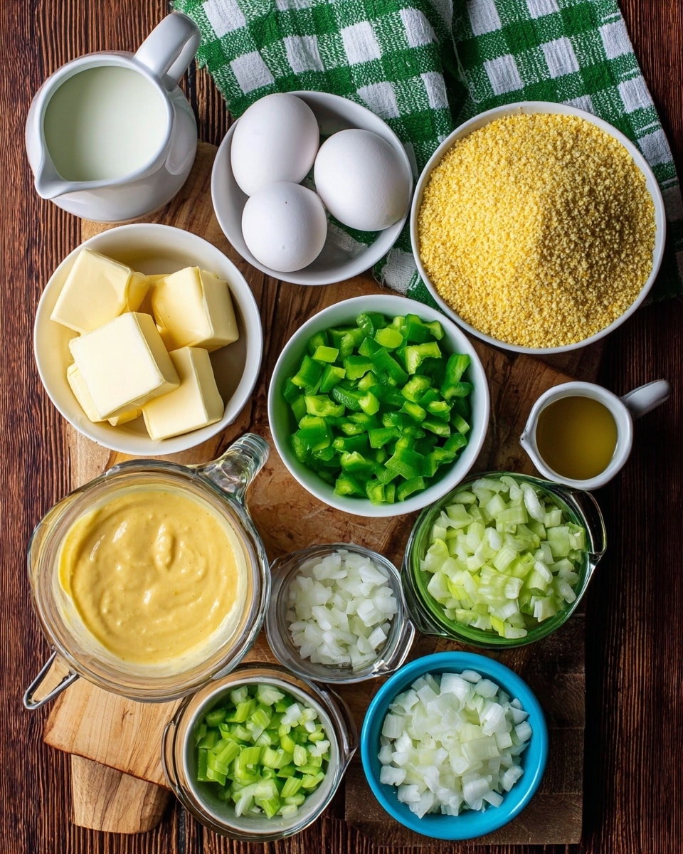 The image shows a top view of various ingredients arranged in white bowls and a clear glass measuring cup on a dark wooden surface with a green and white checkered cloth underneath. From the top right, there is a bowl filled with light yellow cornmeal, below it is a white bowl holding two white eggs, and next to the eggs is a bowl with bright green chopped bell peppers. Below the green peppers is a white bowl with soft yellow butter sticks, and to the left of the butter is a bowl of creamy yellow sauce with a thick texture. Above this sauce is a clear glass measuring cup filled with light broth. Moving upward, a small bowl contains light green chopped celery, next to it is a blue-green bowl with diced white onions. Near the top left, a small white bowl contains golden oil, and beneath it is a white pitcher with milk. The ingredients are neatly arranged and brightly colored, placed on a wooden board and a green cloth on a white marbled surface photo taken with an iphone --ar 4:5 --v 7