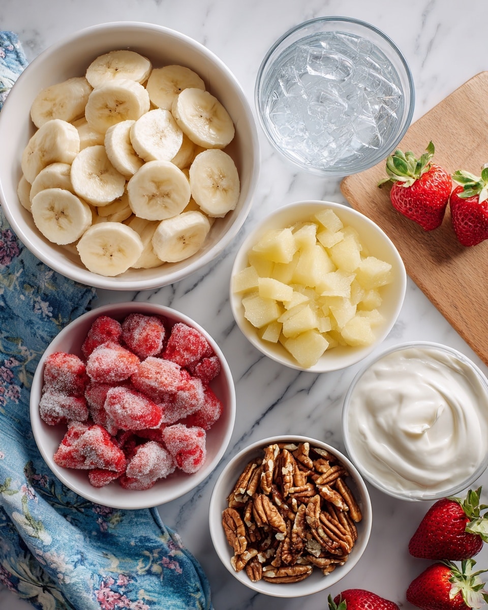 A top-down view of six white bowls on a white marbled surface, each filled with different ingredients: the largest bowl is full of round, sliced bananas with a pale yellow color and smooth texture; next to it, a small clear glass holds boiling water, sparkling and clear; a medium bowl contains crushed pineapple with a soft, moist, light yellow texture; below is a bowl of frozen strawberries covered in frost, bright red and chunky; a smaller bowl holds chopped pecans, brown with a rough, crunchy texture; and lastly, a bowl filled with thick, white sour cream, smooth and creamy. Some fresh whole strawberries are placed around the bowls, and a blue-striped cloth and a floral-patterned cloth partially cover the wooden table beneath. photo taken with an iphone --ar 4:5 --v 7