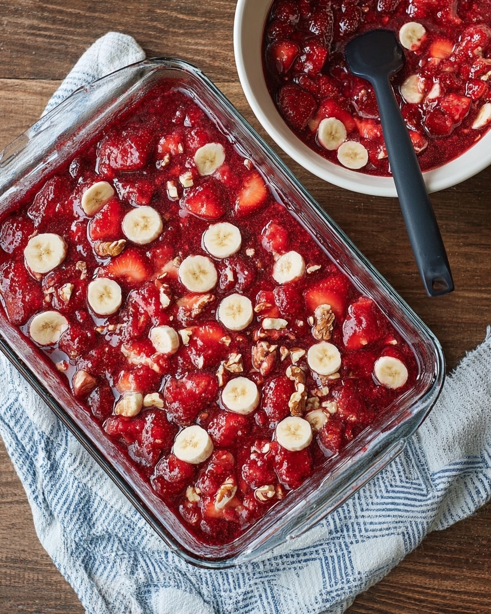 The image shows a clear glass baking dish filled with a red fruit mixture topped with round banana slices and small pieces of nuts scattered throughout. Next to the baking dish is a white bowl containing more of the same red fruit mixture, with a black spatula resting inside. The scene is set on a wooden surface with a white and blue striped cloth under the baking dish. The fruit mixture is chunky with visible pieces of strawberries or similar red fruit, creating a textured top layer with shiny and juicy looks. Photo taken with an iphone --ar 4:5 --v 7