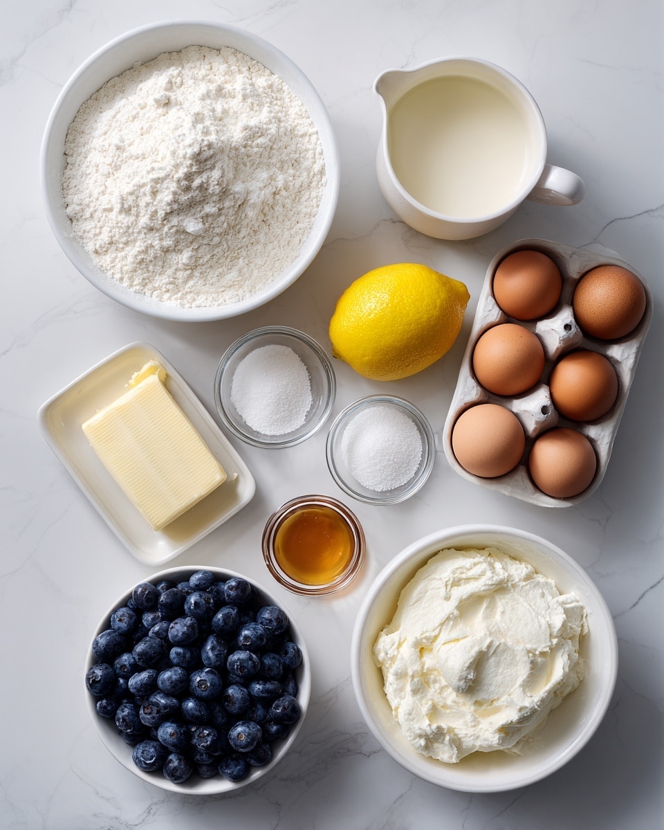A top view of a white marbled surface displaying baking ingredients arranged neatly. At the top left, there is a white bowl filled with white flour that looks soft and powdery. To its right, a white measuring cup holds a creamy white liquid labeled buttermilk. Below the flour, there is a white rectangular tray containing six brown eggs. In the middle center, a whole bright yellow lemon sits between the eggs and a small clear glass bowl filled with a light brown vanilla extract. Below the lemon, a small white bowl of fine white sugar and a small white bowl of white baking powder are placed side by side. Near the bottom center, a stick of pale yellow butter is wrapped in paper with red writing. To the right of the butter, a small clear bowl contains white salt. On the bottom left, a white bowl is full of plump dark blue blueberries. Finally, next to the blueberries, a white bowl holds smooth white ricotta cheese. The setting is clean and bright, focused on the ingredients alone photo taken with an iphone --ar 4:5 --v 7