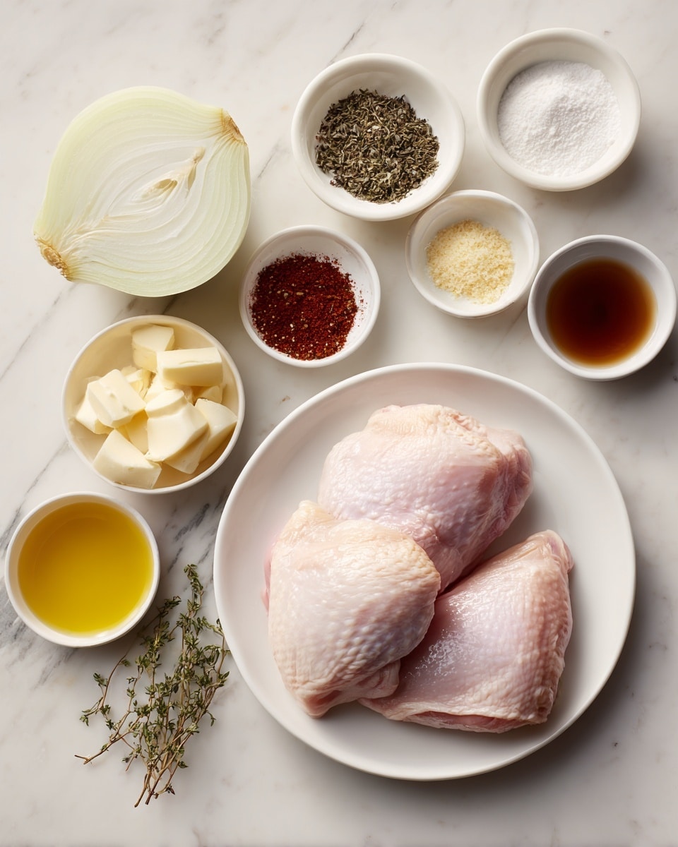 A white plate on a white marbled surface holds two raw pink chicken pieces with smooth texture, positioned on the right side. To the left, a half white onion displays its light green layers. Surrounding the onion, small white bowls contain various ingredients: dark green thyme, reddish-brown paprika, black pepper, light yellow butter chunks, peeled white garlic cloves, a light yellow-green chicken broth with visible herbs, a golden yellow olive oil, white salt crystals, a creamy off-white heavy cream, dark brown Worcestershire sauce, and white cornstarch powder. Everything is neatly arranged in a symmetrical pattern. Photo taken with an iphone --ar 4:5 --v 7