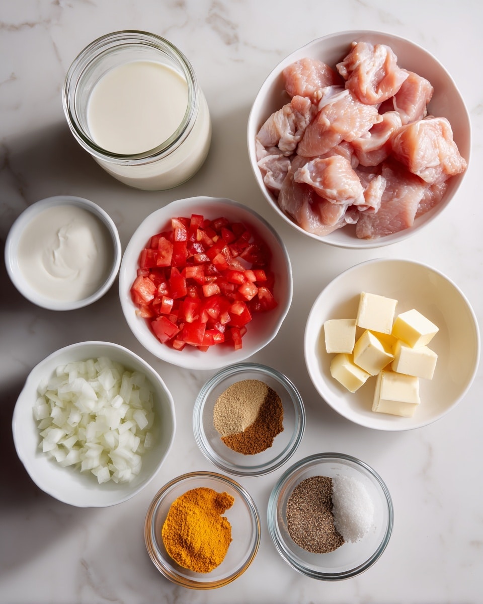This image shows several white bowls and a glass jar arranged on a white marbled surface, each holding different raw cooking ingredients. At the top right is a bowl filled with pale pink raw chicken pieces, next to it on the left is a glass jar with light cream labeled heavy cream. Below the chicken bowl is a bowl of bright red diced tomatoes in juice. To the left of the tomatoes is a bowl of white, chopped onion pieces. Above the onion bowl is a small bowl with chunks of yellow butter. Below the onion is a small bowl divided into three sections filled with bright yellow turmeric, white salt, and black pepper. To the right of this spice bowl is another small bowl containing brownish powders labeled cumin, chili powder, and garam masala. Below this is a tiny bowl with pale yellow grated ginger and minced garlic placed side by side. To the left of that is a small bowl with white yogurt. The arrangement is neat and the colors of the ingredients contrast clearly against the white background and bowls, creating a clean visual ready for cooking. Photo taken with an iphone --ar 4:5 --v 7
