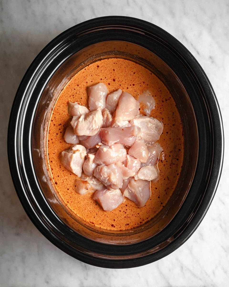 A top view of a black slow cooker filled with two main layers: the bottom layer is a smooth, thick orange sauce with small dark specks, evenly spread across the base, and on top lies a pile of raw, pale pink chicken pieces with a slightly shiny, moist texture. The slow cooker sits on a white marbled surface. photo taken with an iphone --ar 4:5 --v 7