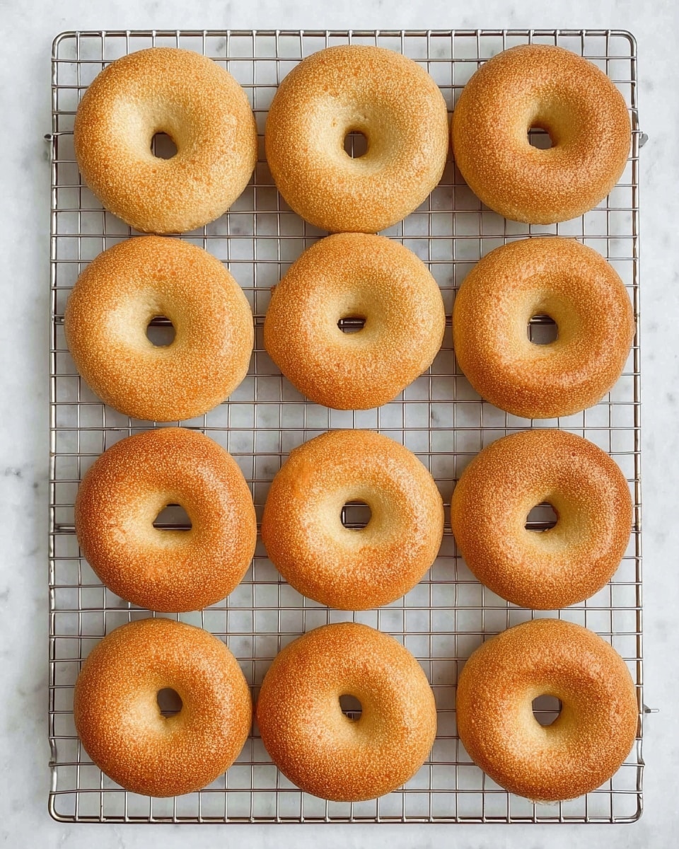 Twelve plain bagels with a golden-brown crust are arranged in four rows of three on a silver wire cooling rack. The bagels have a smooth surface with tiny grainy texture and a round hole in the middle of each. The rack sits on a white marbled surface, creating a clean and simple background. The lighting highlights the warm tones of the bagels evenly. photo taken with an iphone --ar 4:5 --v 7