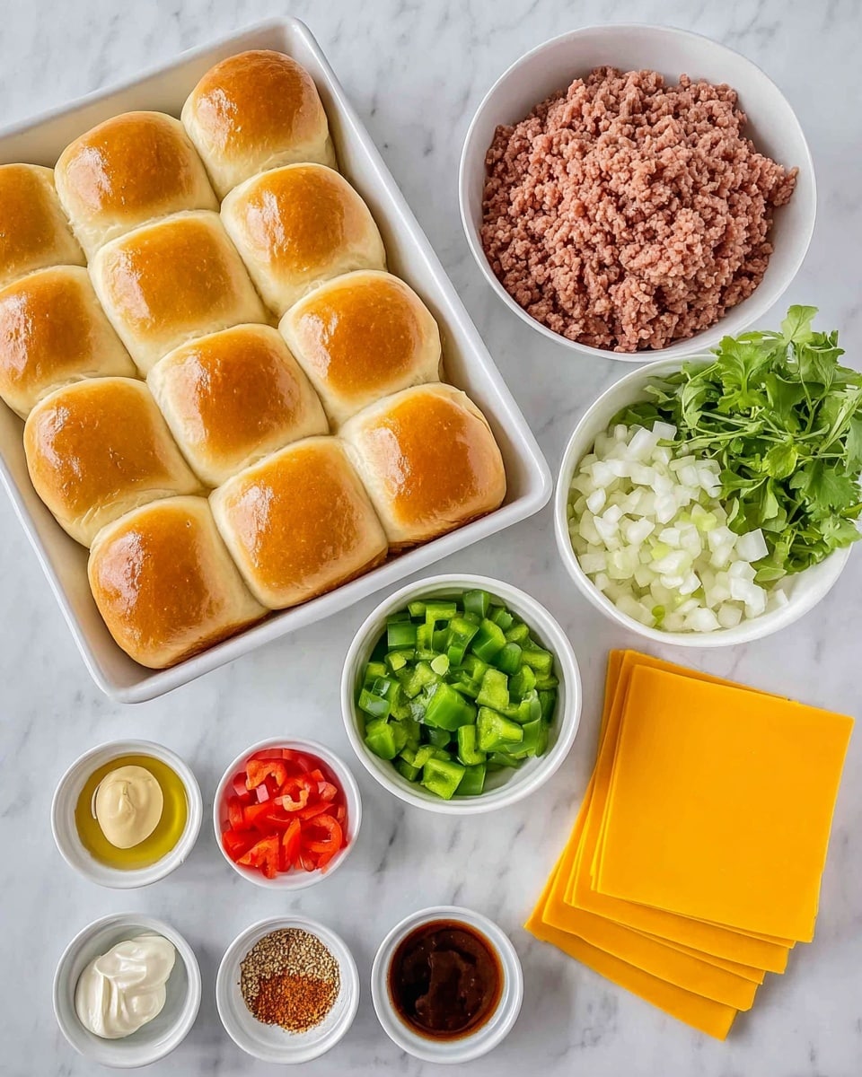 The image shows a white baking tray with twelve soft golden brown dinner rolls in the top left. To its right is a white bowl filled with raw ground meat, square-shaped and textured. Next to this bowl is a bunch of fresh green leaves. Below the meat is a white bowl divided into three sections with diced white onions, green bell peppers, and red bell peppers. Below the tray, on the white marbled surface, are small white dishes placed in two vertical lines: one contains cream cheese, another minced garlic, one with brown sugar, one with yellow mustard, one with a dark sauce, one with red spices, and the last with white sesame seeds. To the right of these is a neat stack of bright yellow cheddar cheese slices, all arranged on the white marbled surface. photo taken with an iphone --ar 4:5 --v 7