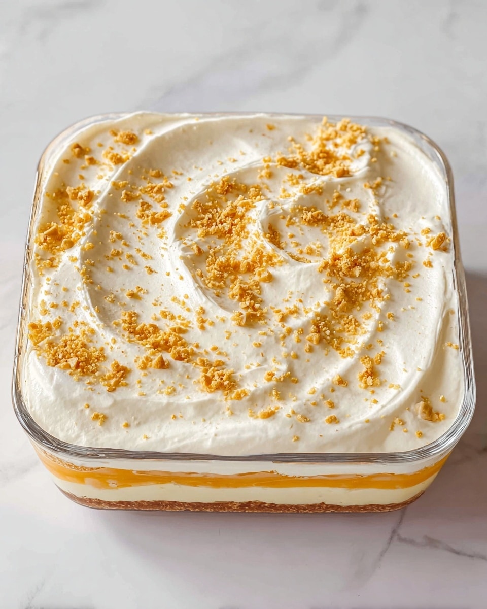 A clear round glass dish holds a creamy layered dessert with two visible layers; the bottom layer is a light orange smooth texture, and the top layer is thick white cream that is swirled gently with soft peaks. The white cream layer is sprinkled with small pieces and fine dust of golden crumbs that add texture and color contrast. The dish sits on a white marbled surface. photo taken with an iphone --ar 4:5 --v 7