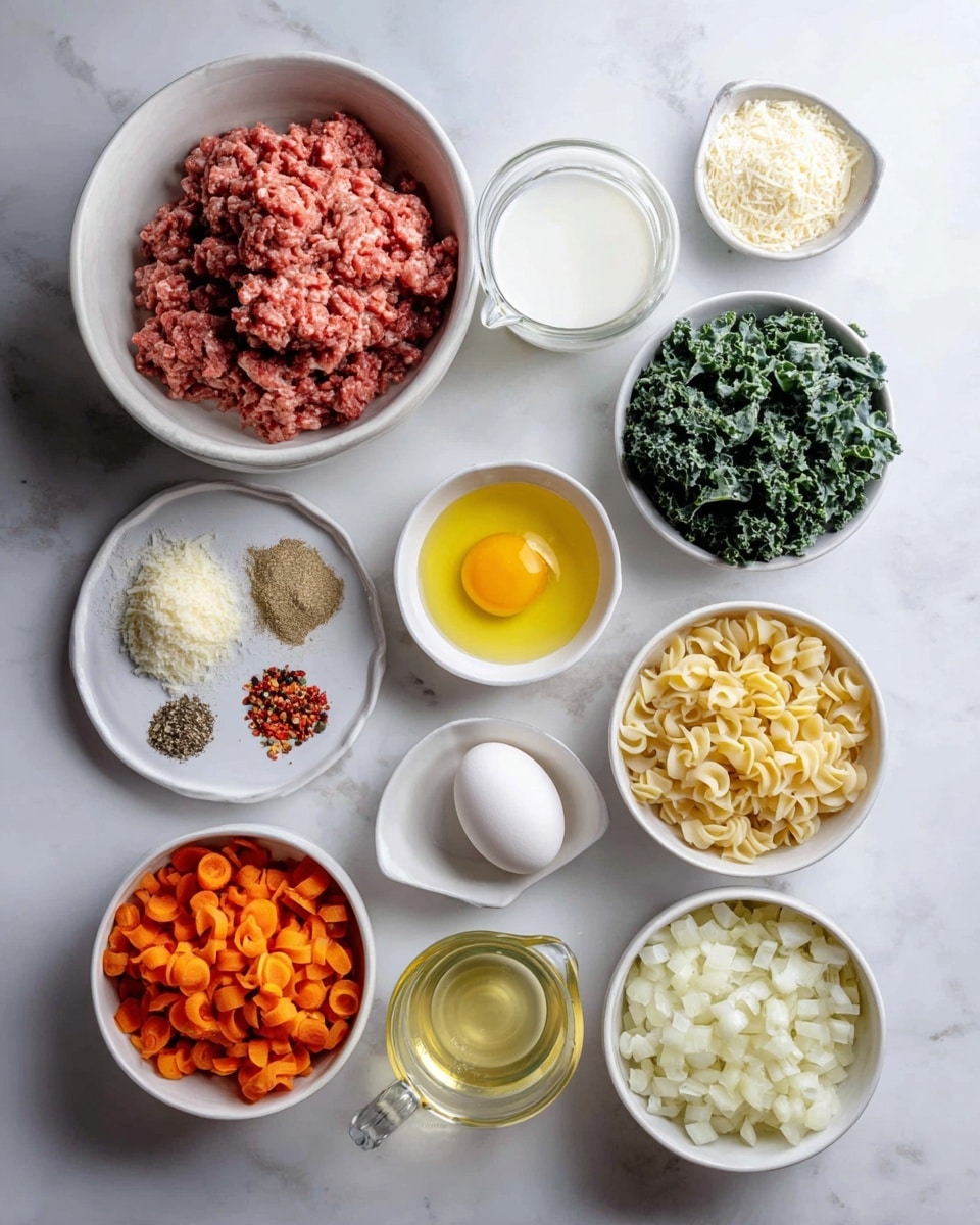 The image shows two groups of ingredients placed neatly on a white marbled surface. On the left side, there is a large white bowl filled with raw ground meat, two small white bowls with grated cheese and breadcrumbs, a small glass of milk, a white plate with mixed spices including salt, pepper, and red pepper flakes, one white egg, and a small white bowl of yellow oil. On the right side, there are four white bowls containing chopped kale, dry small pasta, diced onions, and sliced carrots. Below them, there is a small bowl of minced garlic, a small bowl of olive oil, and a measuring cup filled with clear broth. Photo taken with an iphone --ar 4:5 --v 7