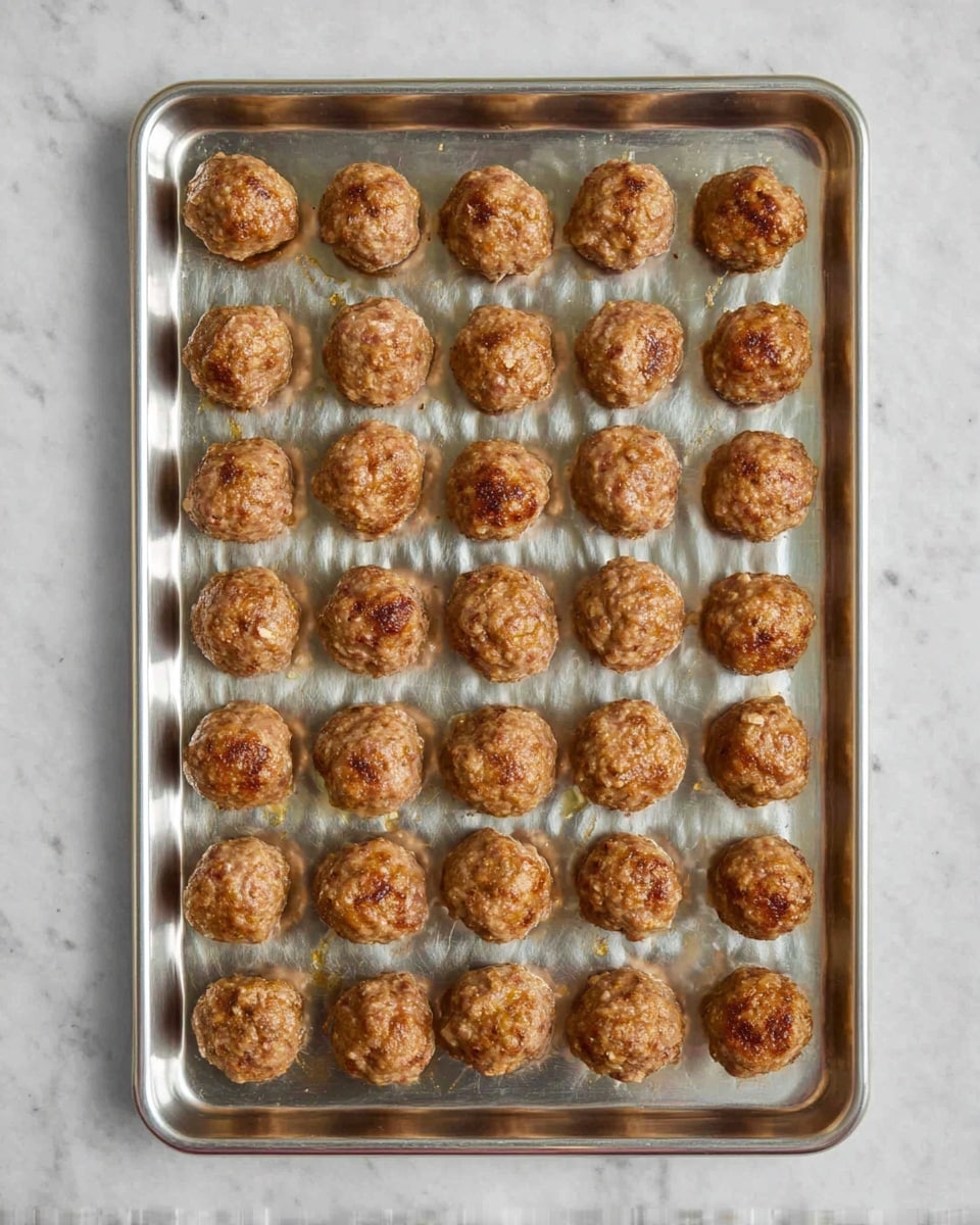 A metal baking tray with a shiny silver surface holds 30 round cooked meatballs, arranged in a neat 5 by 6 grid. Each meatball is browned with a slightly textured surface showing bits of meat and seasoning, giving a warm brown color with some darker spots. The background is a white marbled texture, highlighting the metallic tray and the uniform meatballs inside. Photo taken with an iphone --ar 4:5 --v 7