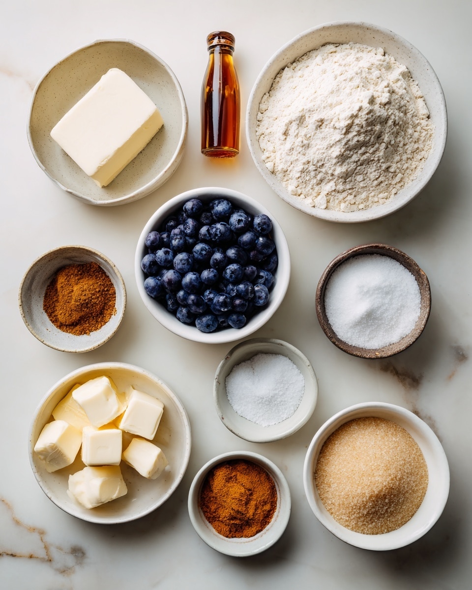 The image shows various baking ingredients arranged neatly on a white marbled surface. There is a white bowl filled with light beige all-purpose flour in the top right, next to a small amber bottle of vanilla extract. Below, a white cup holds fresh or frozen dark blue blueberries. To the top left, a white bowl contains a block of pale vegan butter, and nearby is a small brown bowl of ground flaxseed with a coarse texture. A white bowl with light beige plant-based milk is center-left. At the bottom left, a white bowl holds small cubes of vegan butter, with a tiny white bowl of cinnamon powder between it and another tiny white bowl of salt. Next to them is a white bowl with white baking powder. At the bottom right, there is a white bowl filled with light brown sugar granules. Each item is clearly placed and labeled. Photo taken with an iphone --ar 4:5 --v 7