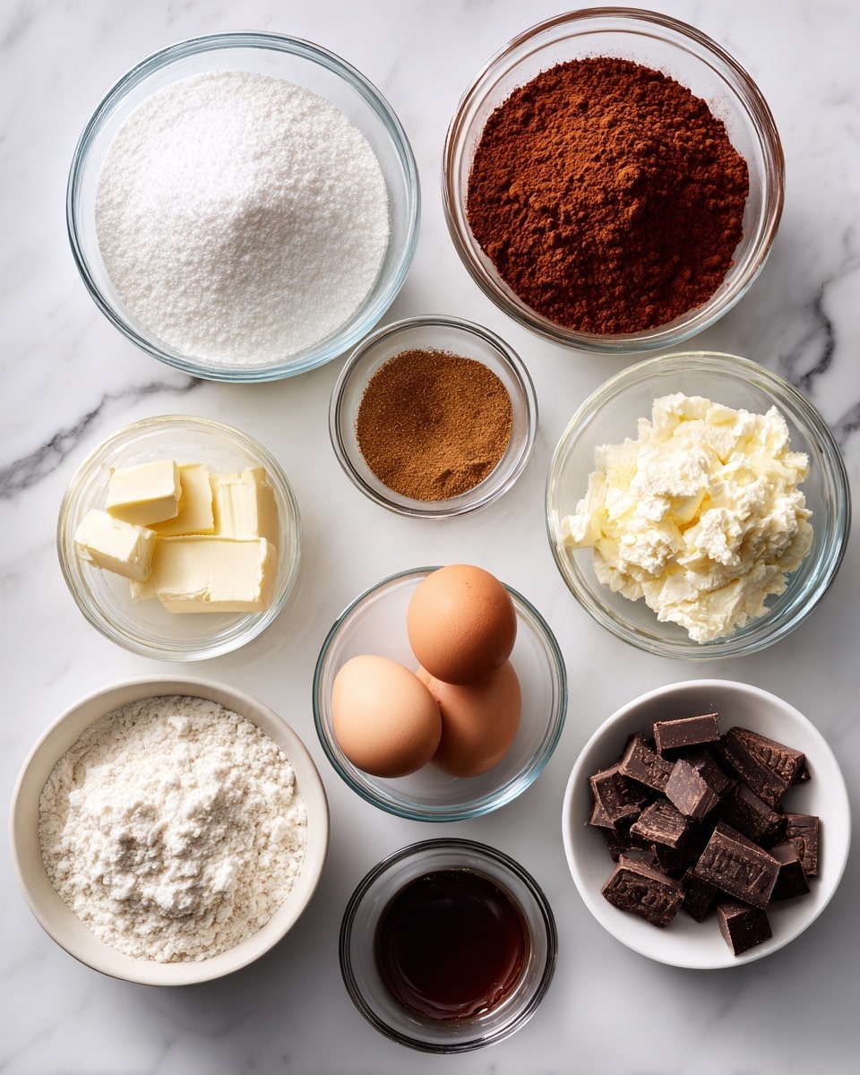 A top-down view of several small clear glass bowls and one white bowl arranged on a white marbled surface, each containing different baking ingredients. Starting from the top left, a small bowl with white baking soda powder, next to it a larger bowl filled with white granulated sugar, then a bowl with reddish-brown Dutch-processed cocoa powder to the right. Below the baking soda is a bowl with light creamy butter, followed by a bowl with ground cinnamon in the center. Below the sugar is a bowl holding two raw eggs, and near the center bottom is a bowl of white all-purpose flour. To the left bottom is a white bowl filled with buttermilk, next to it a bowl with dark espresso powder. Center bottom has a small bowl with baking powder, a bowl with chopped bittersweet chocolate pieces, and a small bowl of white salt. Finally, near the bottom middle is a small bowl with dark brown vanilla extract. All bowls are arranged neatly on the smooth white marbled surface. photo taken with an iphone --ar 4:5 --v 7