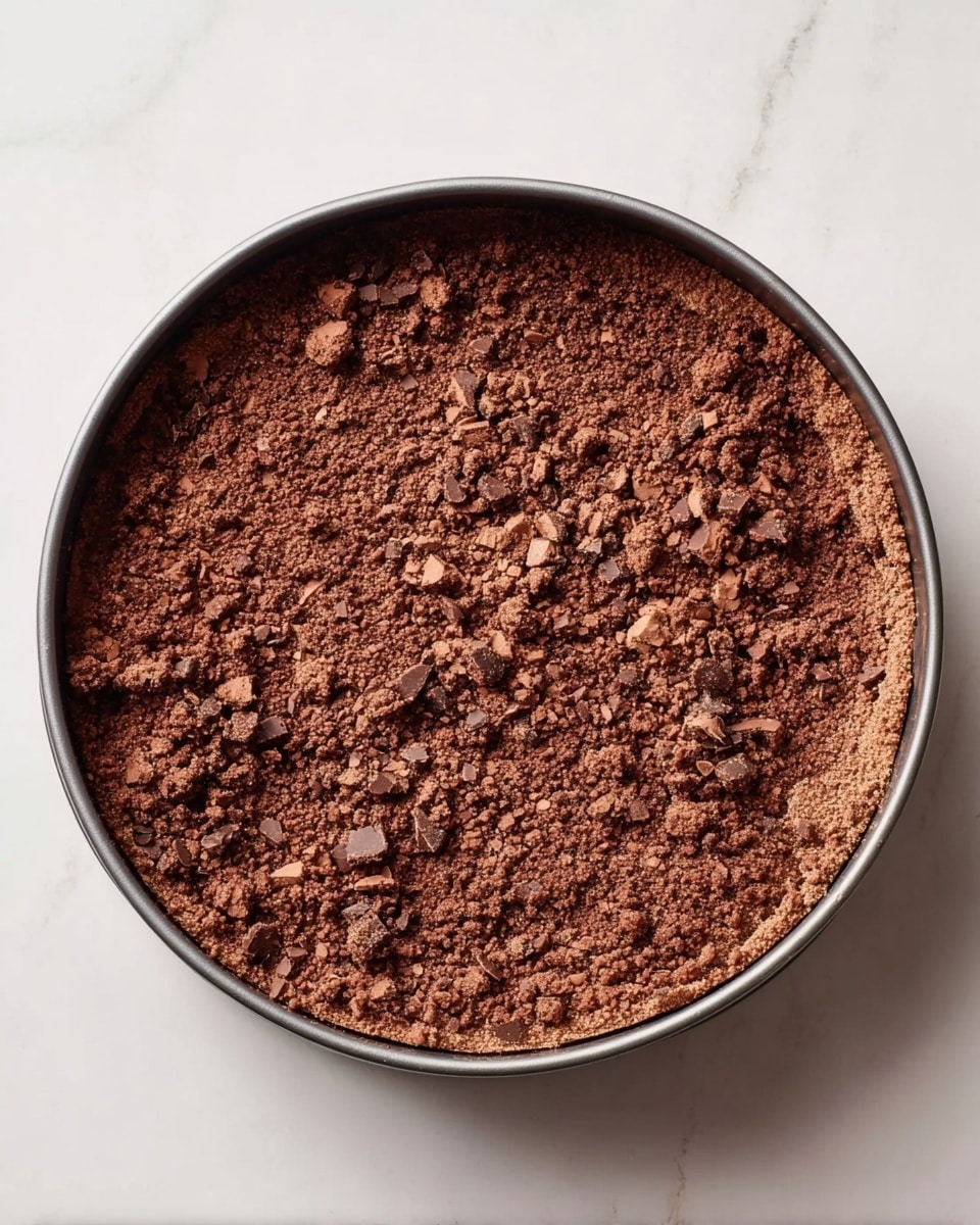 A round cake pan filled with one thick brown layer of crumbly, textured chocolate mixture with small clusters and chunks scattered across the surface. The pan edges are silver metal, and the pan sits on a white marbled surface. photo taken with an iphone --ar 4:5 --v 7