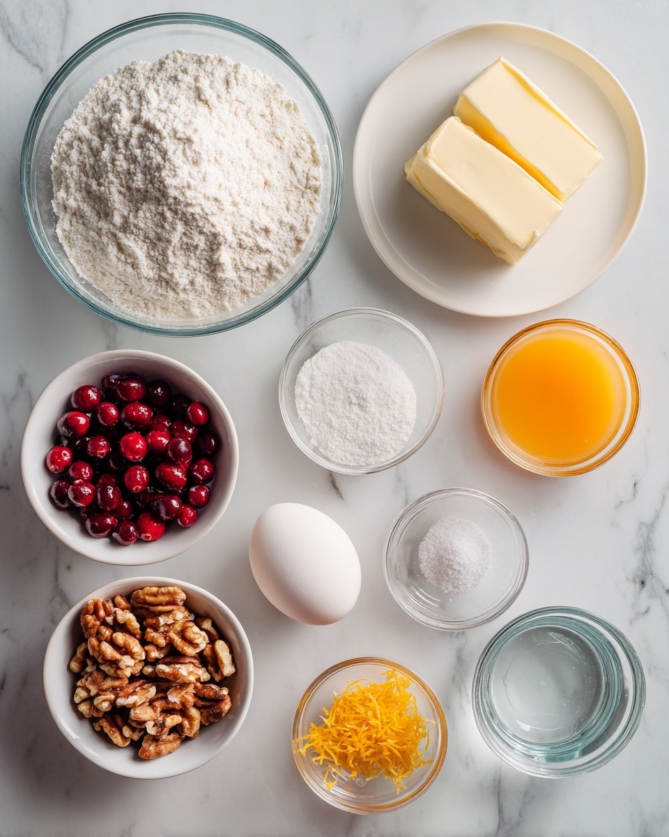A top-down view shows various baking ingredients neatly placed on a white marbled surface. There is a large clear glass bowl filled with white all-purpose flour in the upper left. To its right is a small white plate holding a pale yellow rectangular block of unsalted butter. Below the flour bowl, there are two small clear bowls containing white salt and white baking soda side by side. Further below, a white bowl is filled with dark red fresh cranberries, and next to it is a similar white bowl with light brown chopped walnuts. Toward the bottom left corner, a single white egg rests on the surface. On the right side are three small clear glass containers: one with granular white sugar, one with bright orange zest, and one with vivid orange juice. A final clear glass is filled with a transparent liquid vinegar, situated near the bottom right. Each ingredient is labeled with bold black text placed above or near them. Photo taken with an iphone --ar 4:5 --v 7